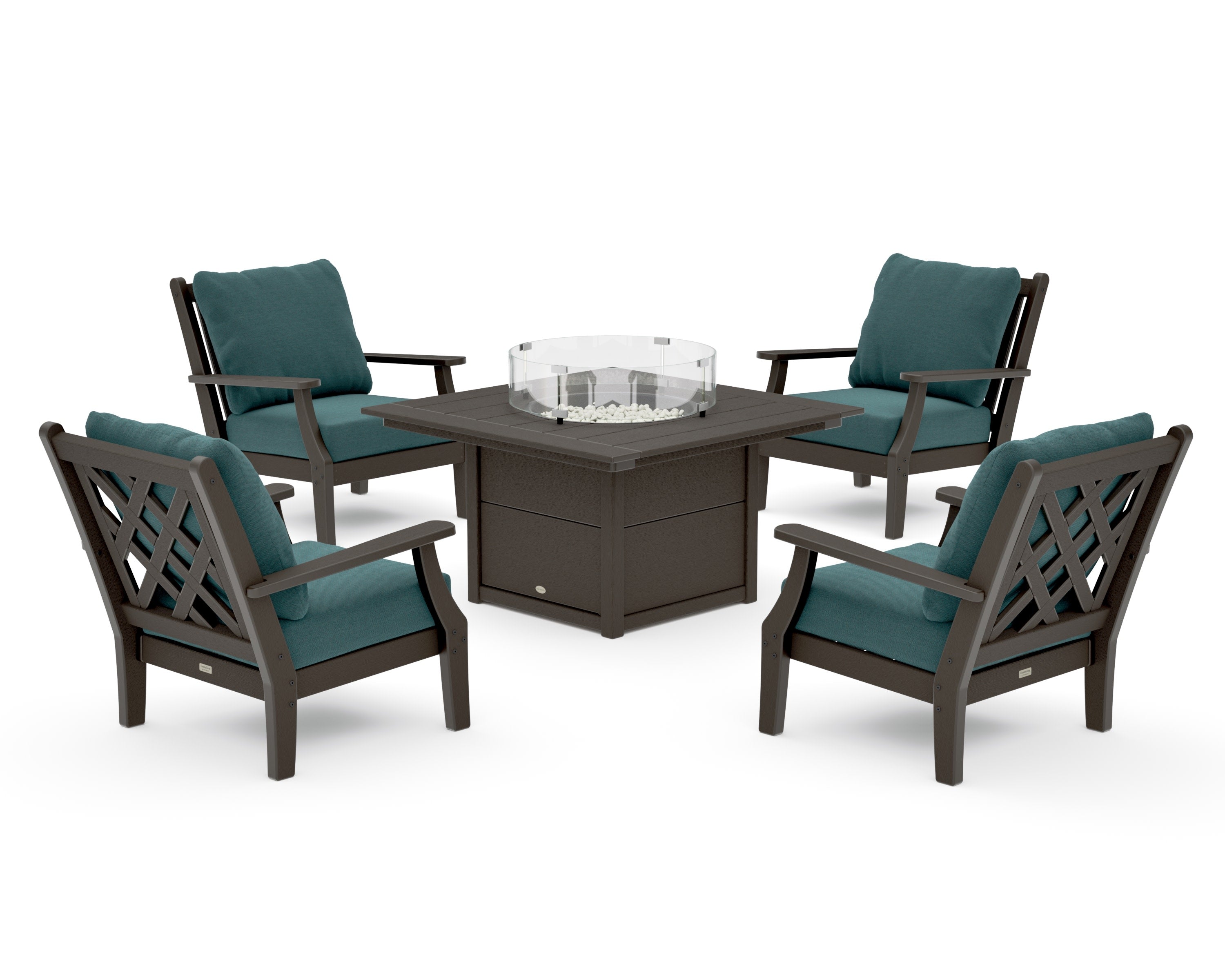 Wovendale 5-Piece Deep Seating Set with Fire Pit Table in Vintage Coffee / Ocean Teal