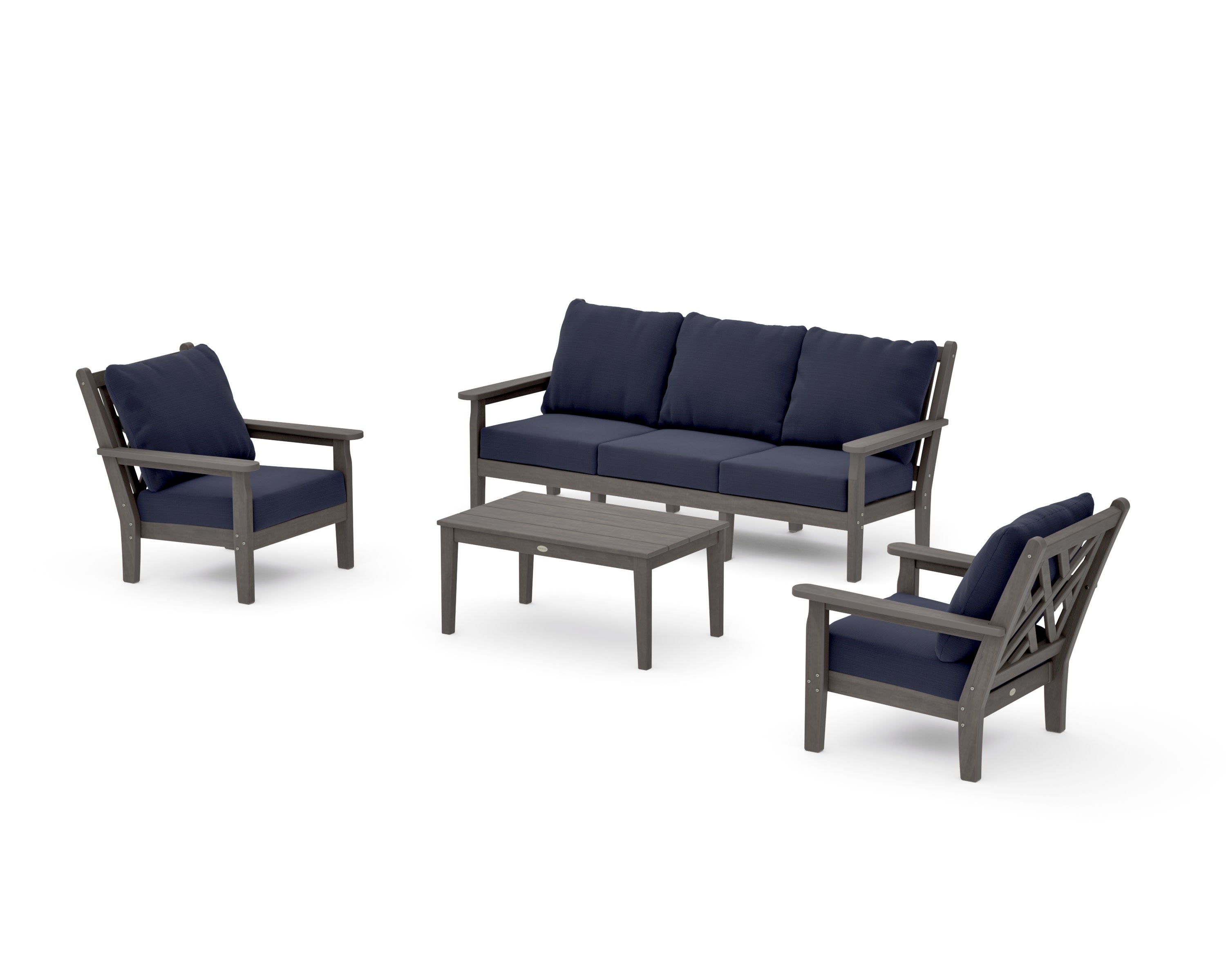 Chippendale 4-Piece Deep Seating Set with Sofa in Driftwood / Navy Linen