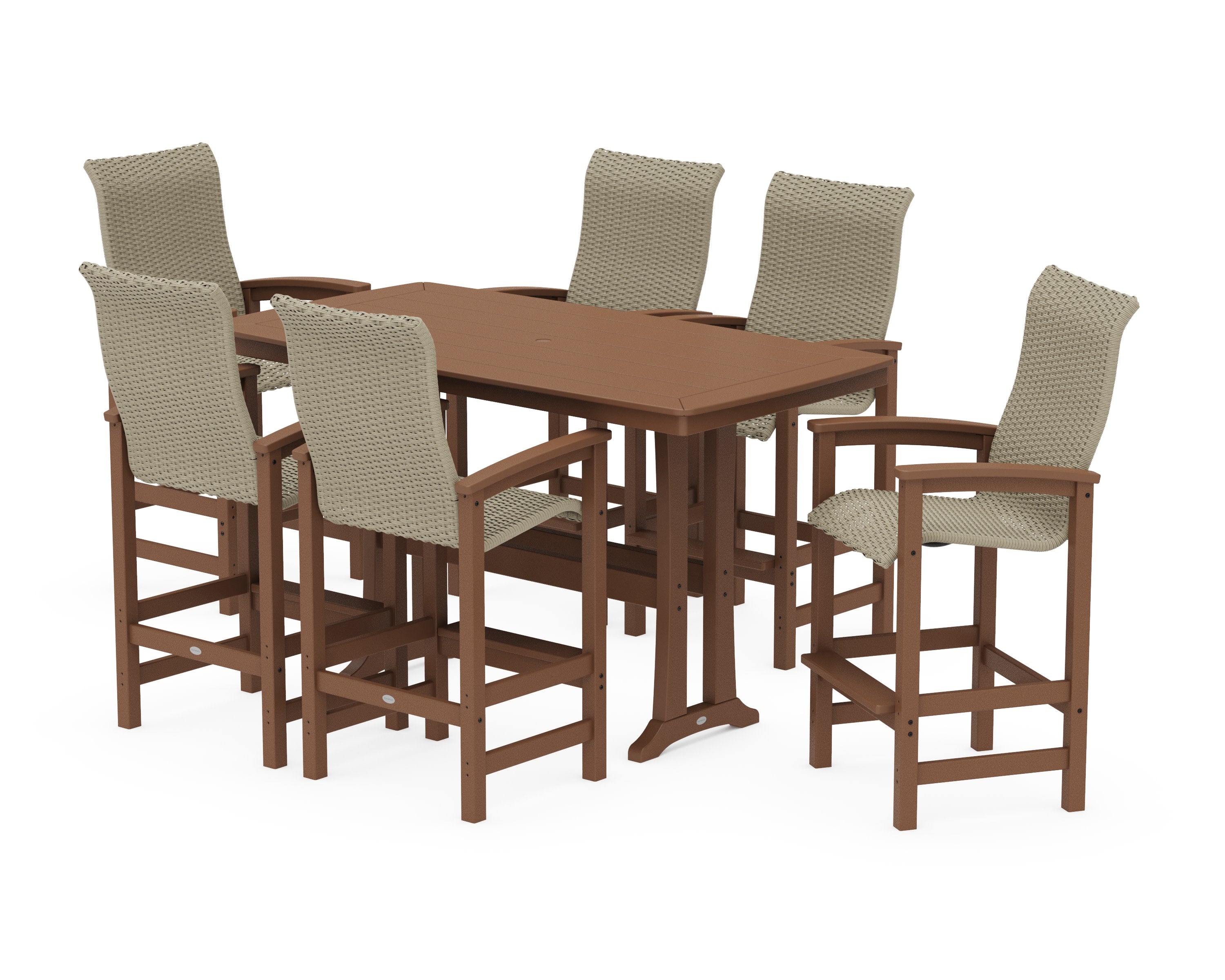 Coastal Woven High-Back Arm Chair 7-Piece Bar Set with Trestle Legs in Teak / Dune Grass