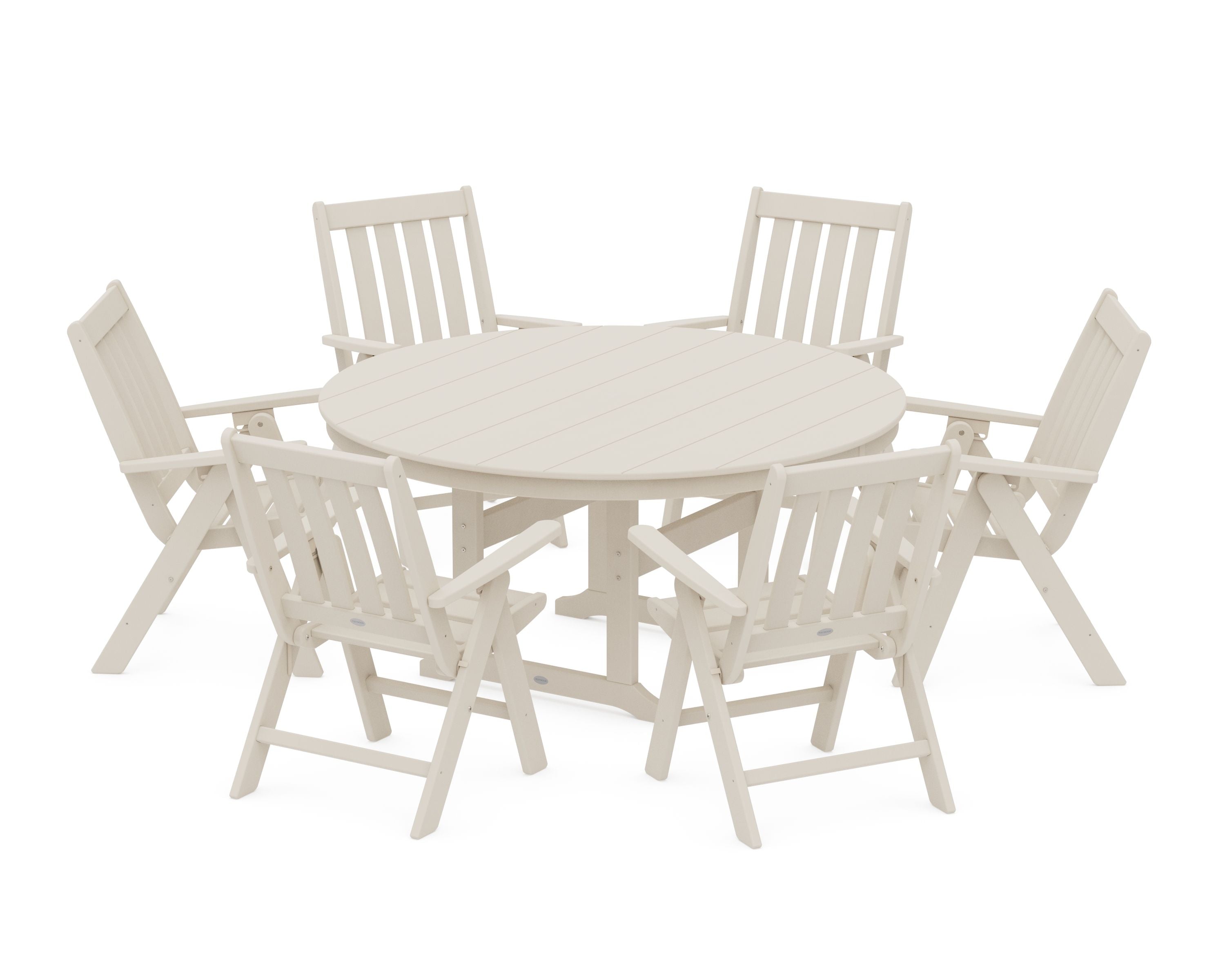 Vineyard 7-Piece Folding Chair Round Farmhouse Dining Set in Sand