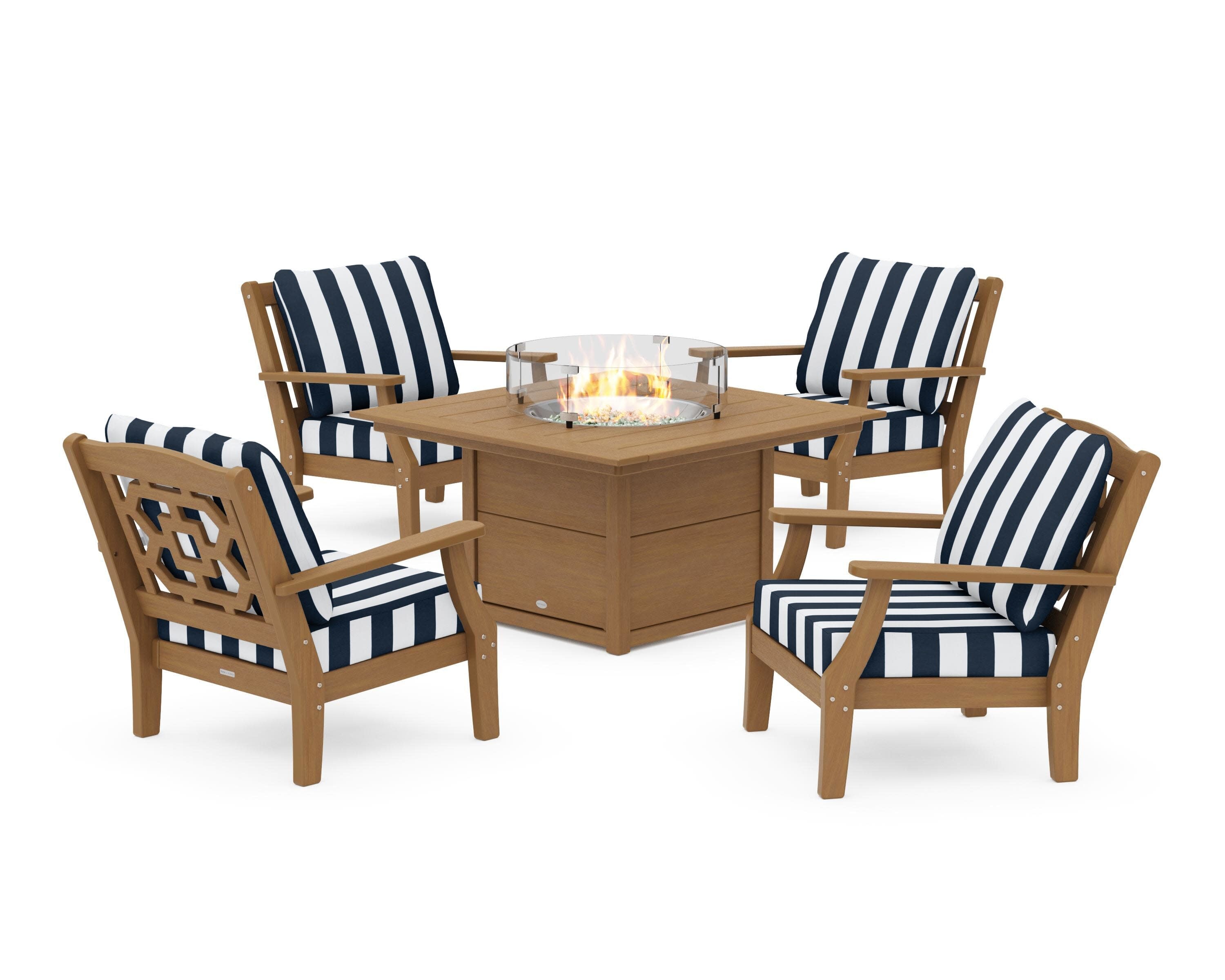 Chinoiserie 5-Piece Deep Seating Set with Fire Pit Table in Natural / Cabana Stripe Marine Indigo