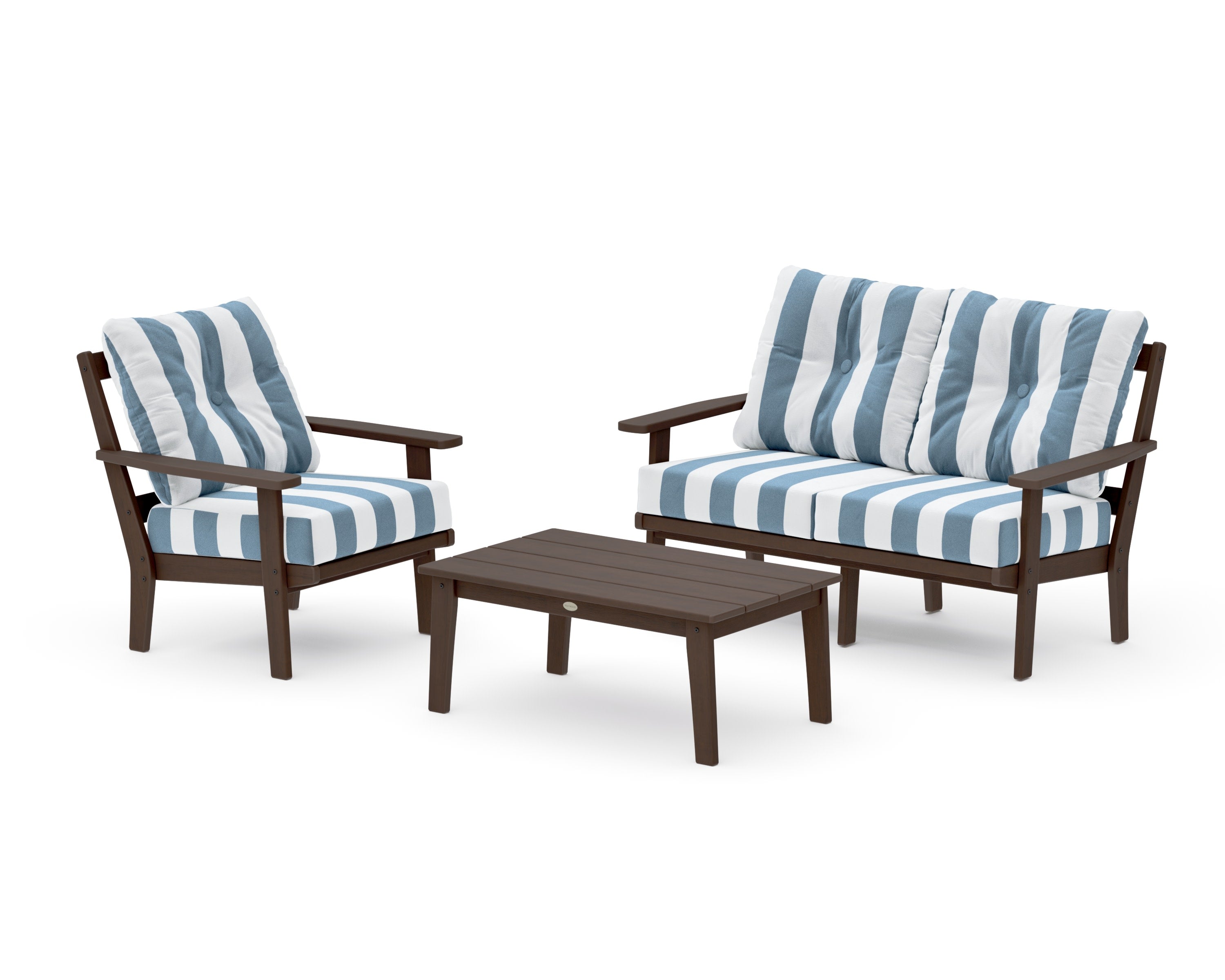 Prairie 3-Piece Deep Seating Set with Loveseat in Kona / Cabana Stripe Sky Blue