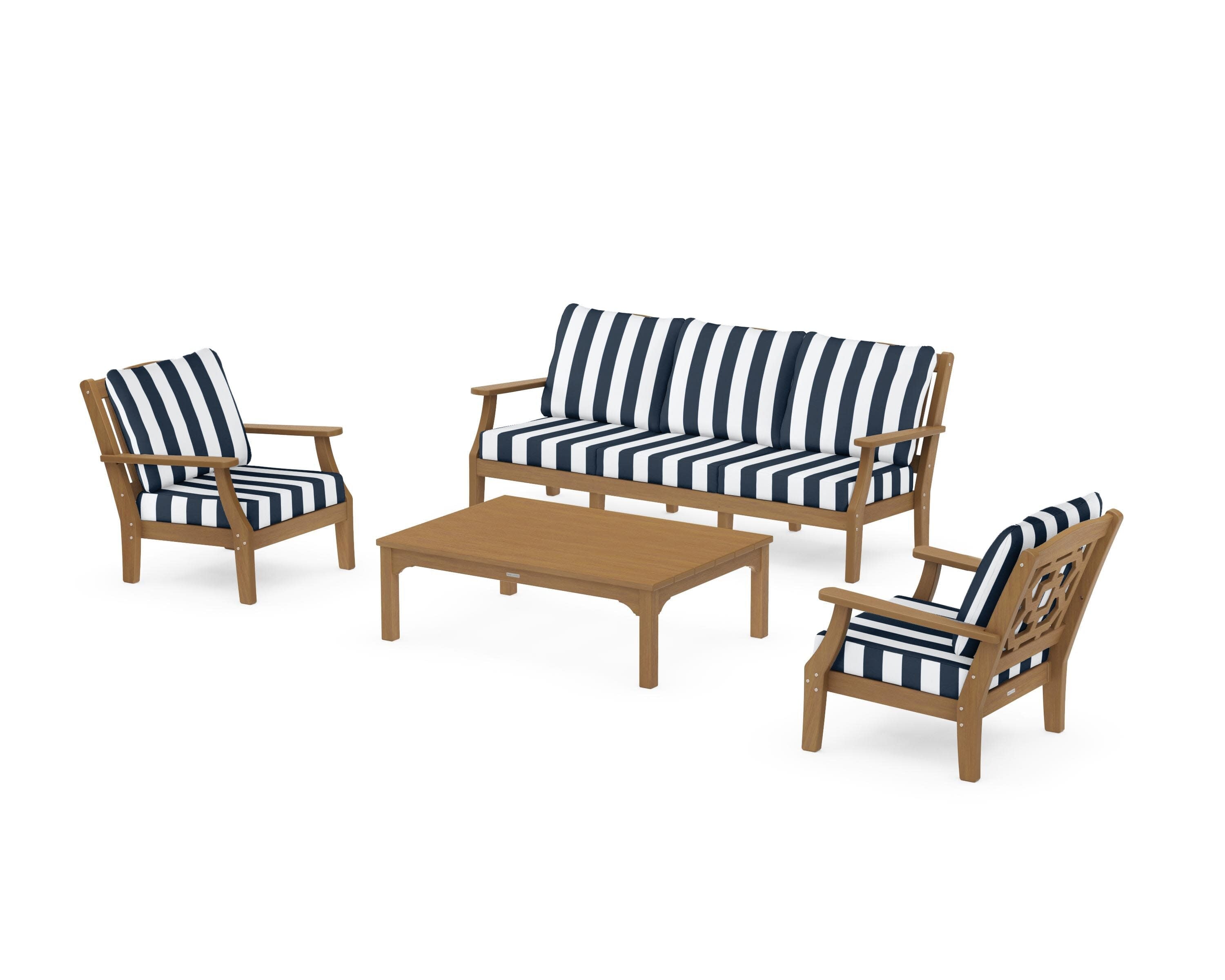 Chinoiserie 4-Piece Deep Seating Set with Sofa in Natural / Cabana Stripe Marine Indigo