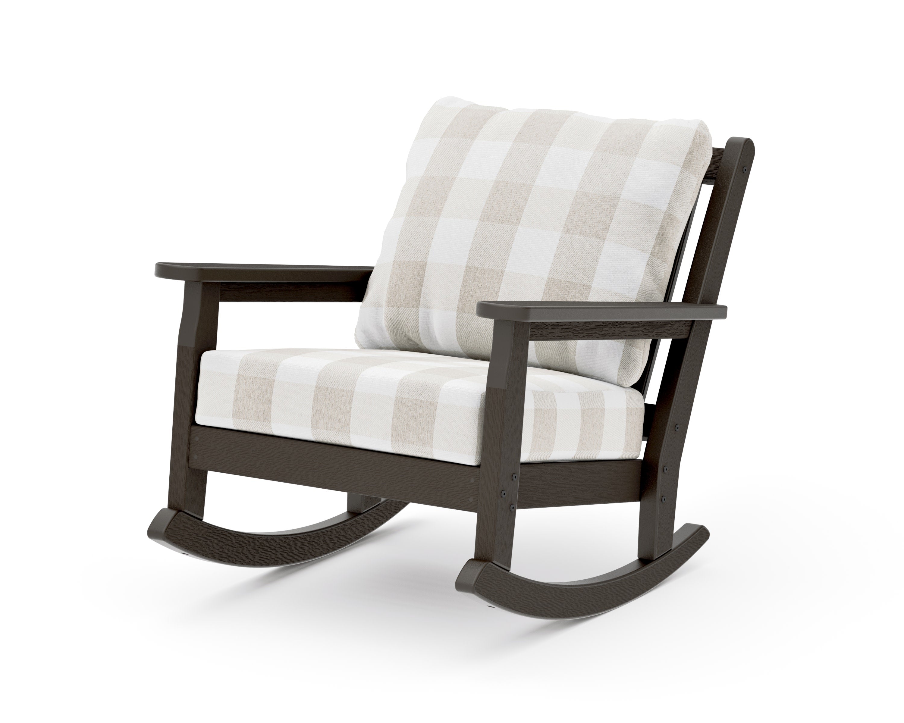 Chippendale Deep Seating Rocking Chair in Vintage Coffee / Buffalo Plaid Dune Burlap