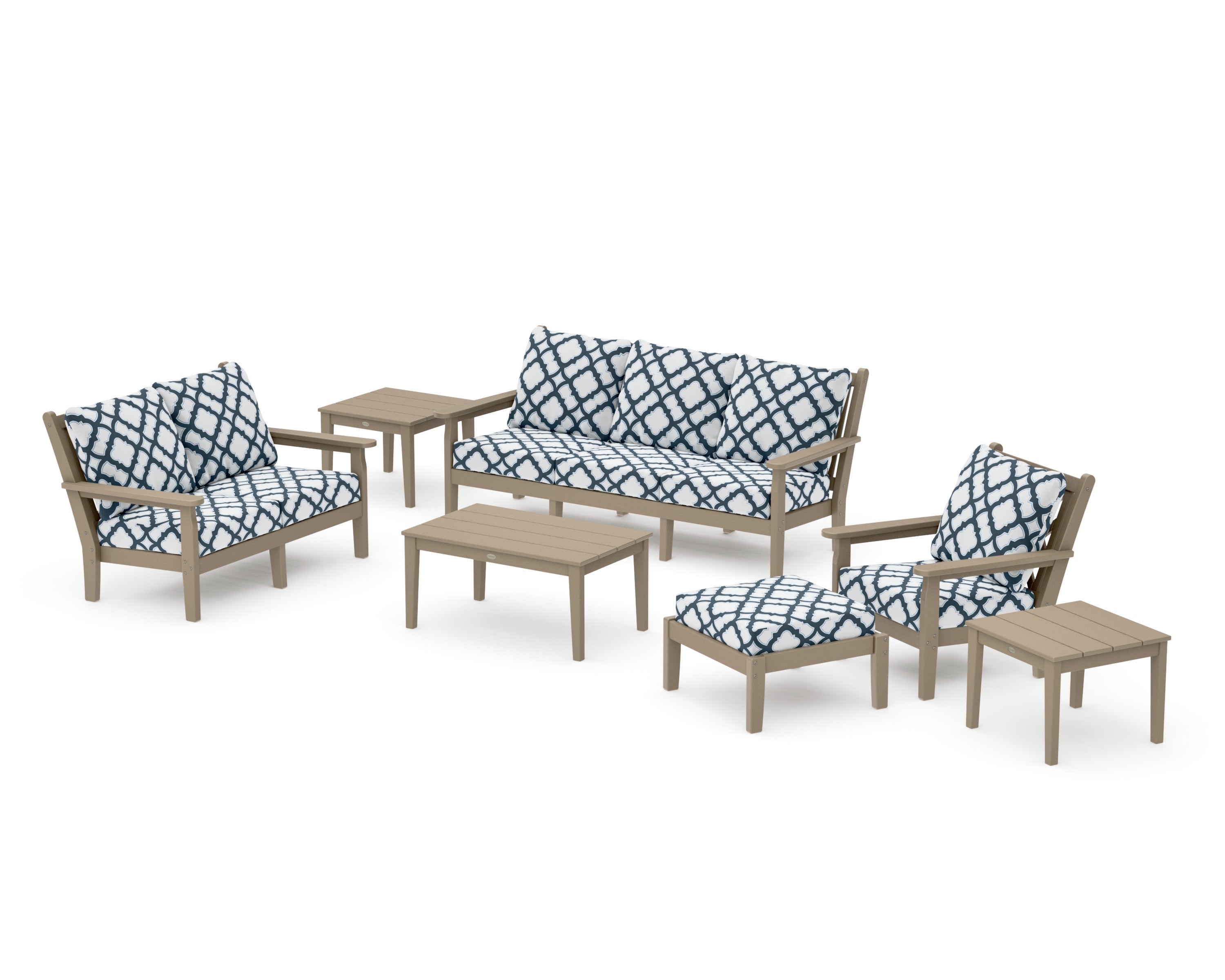 Chippendale 7-Piece Deep Seating Set in Vintage Sahara / Trellis Marine Indigo