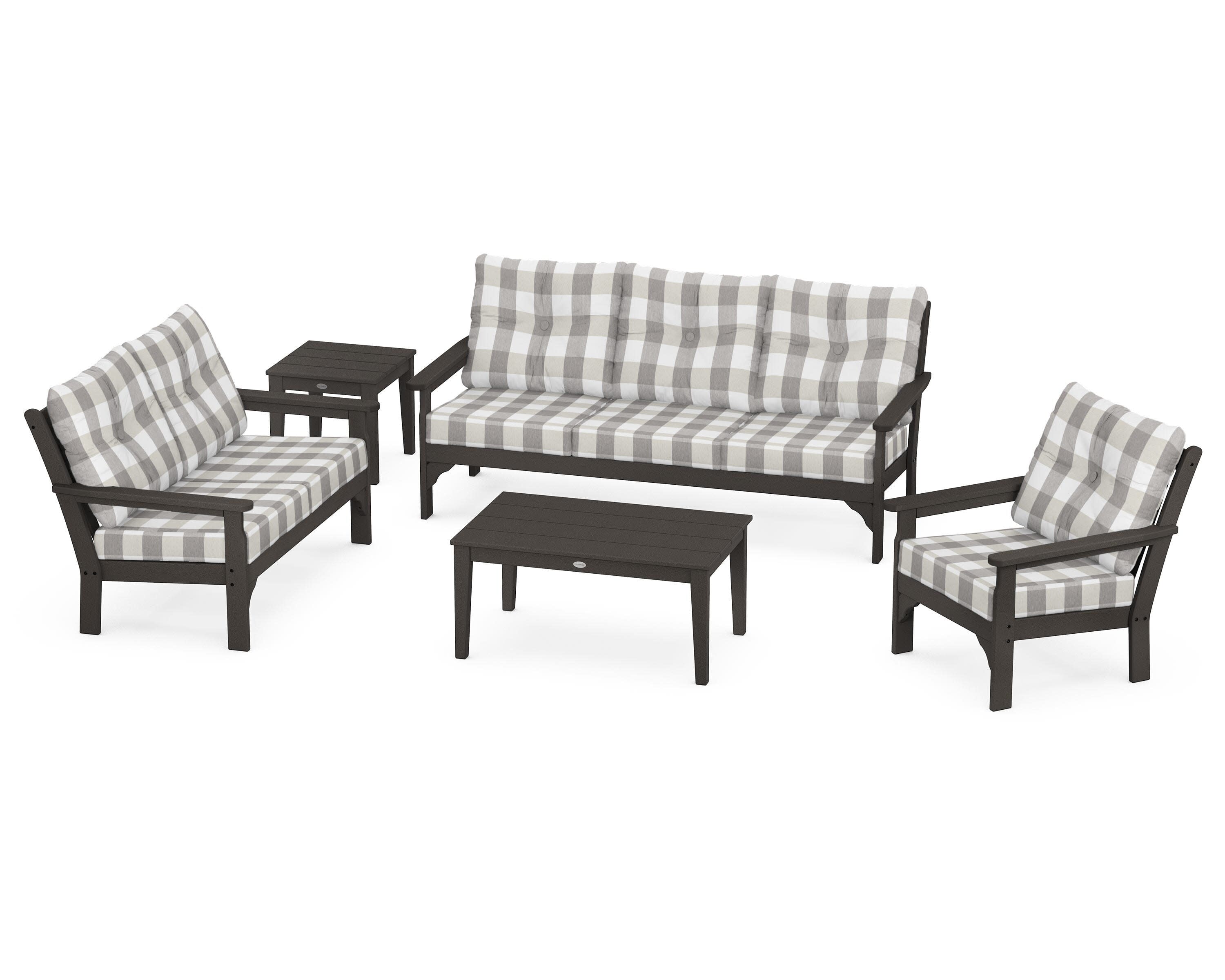 Vineyard 5 Piece Deep Seating Set in Vintage Coffee / Buffalo Plaid Grey Mist