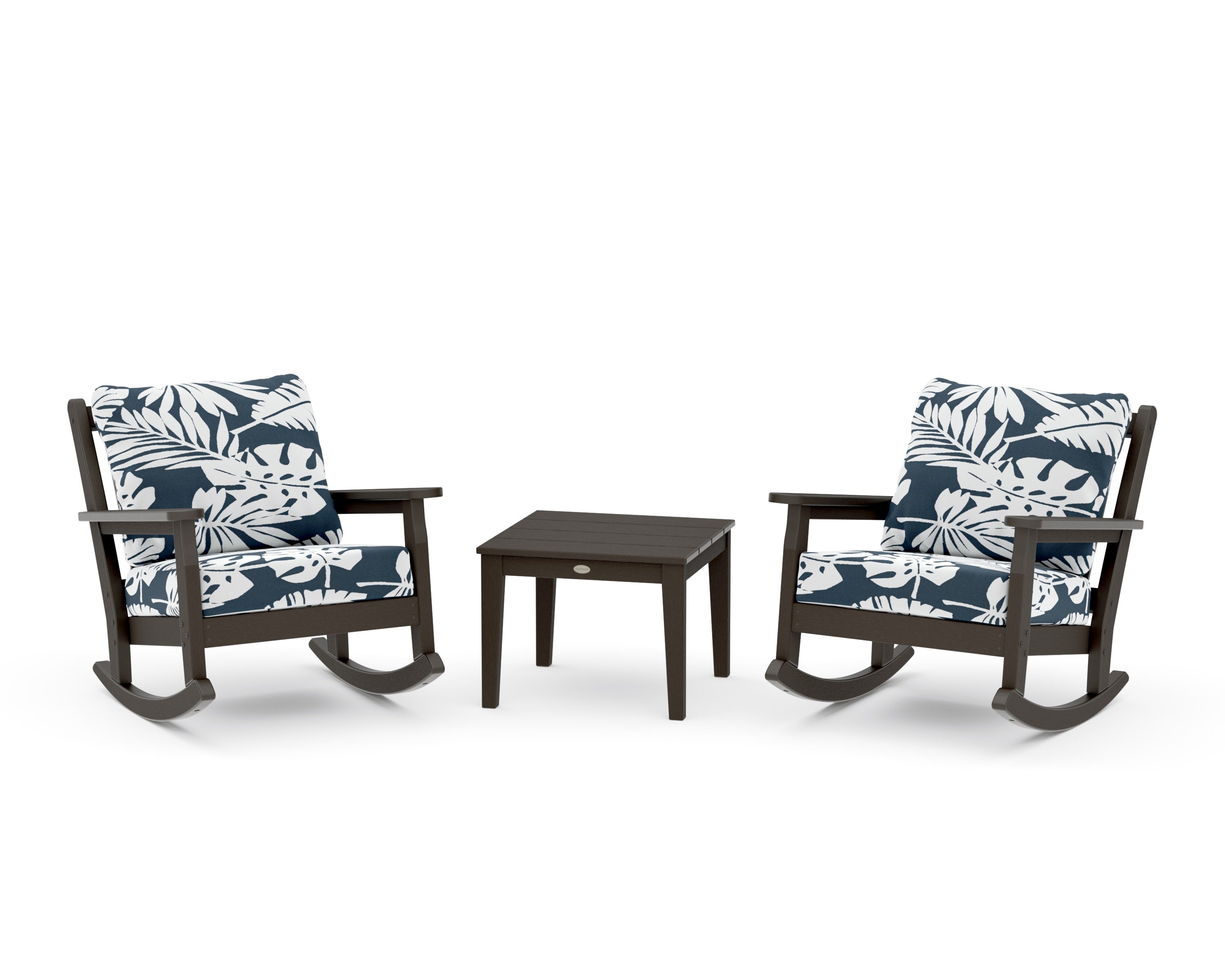 Chippendale 3-Piece Deep Seating Rocker Set in Vintage Coffee / Leaf Marine Indigo