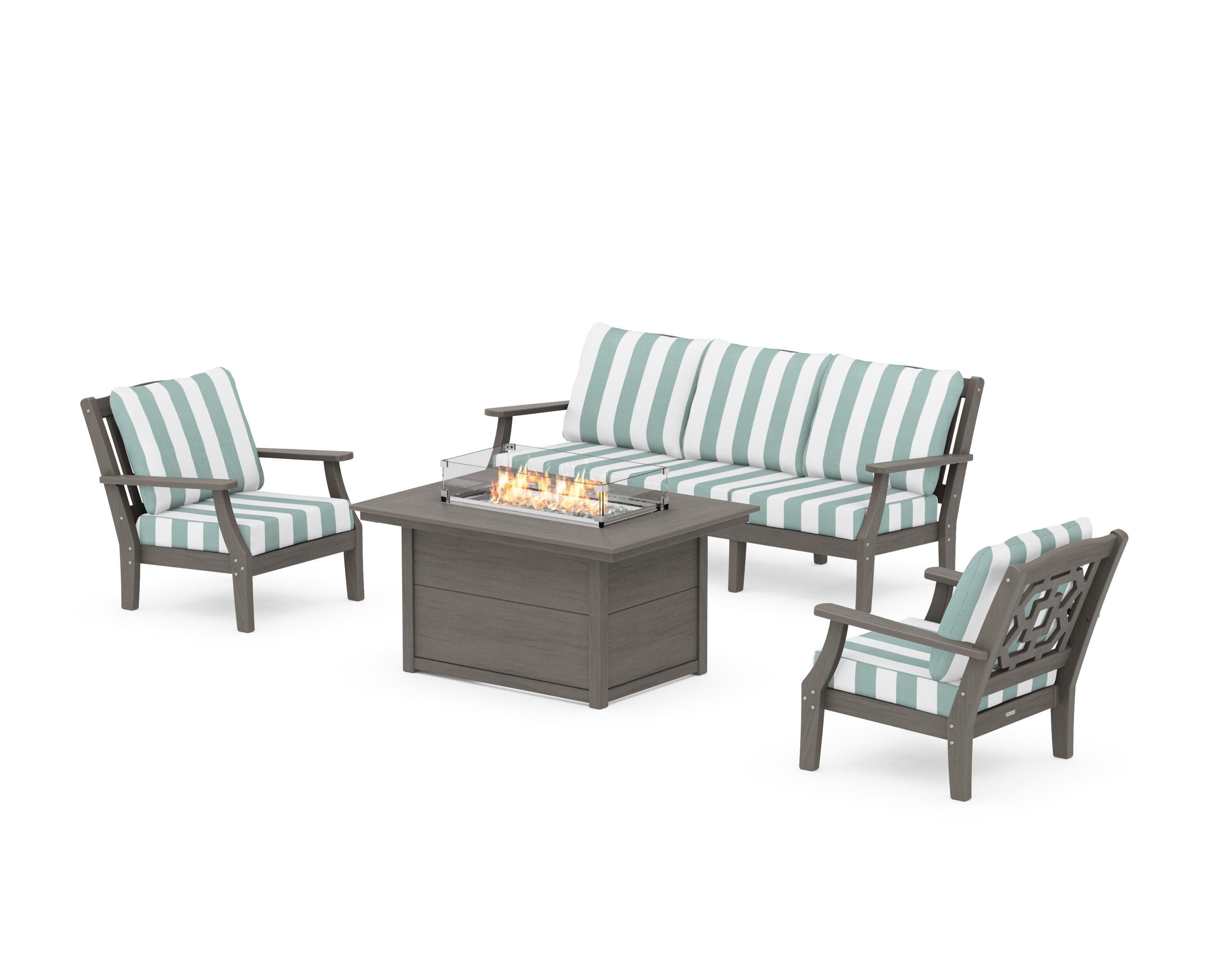 Chinoiserie Deep Seating Fire Pit Table Set in Driftwood / Cabana Stripe Glacier Spa
