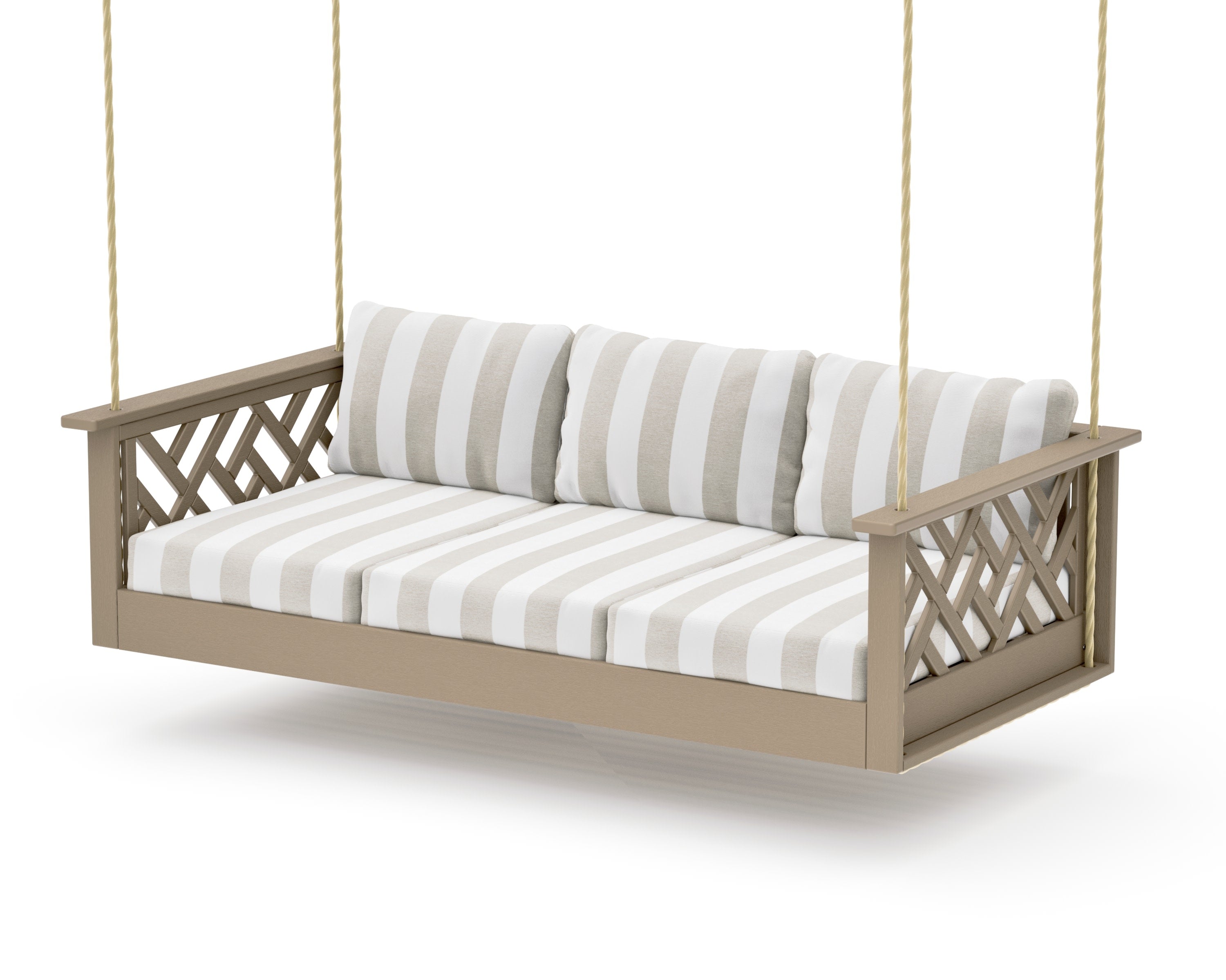 Chippendale Daybed Swing in Vintage Sahara / Cabana Stripe Dune Burlap