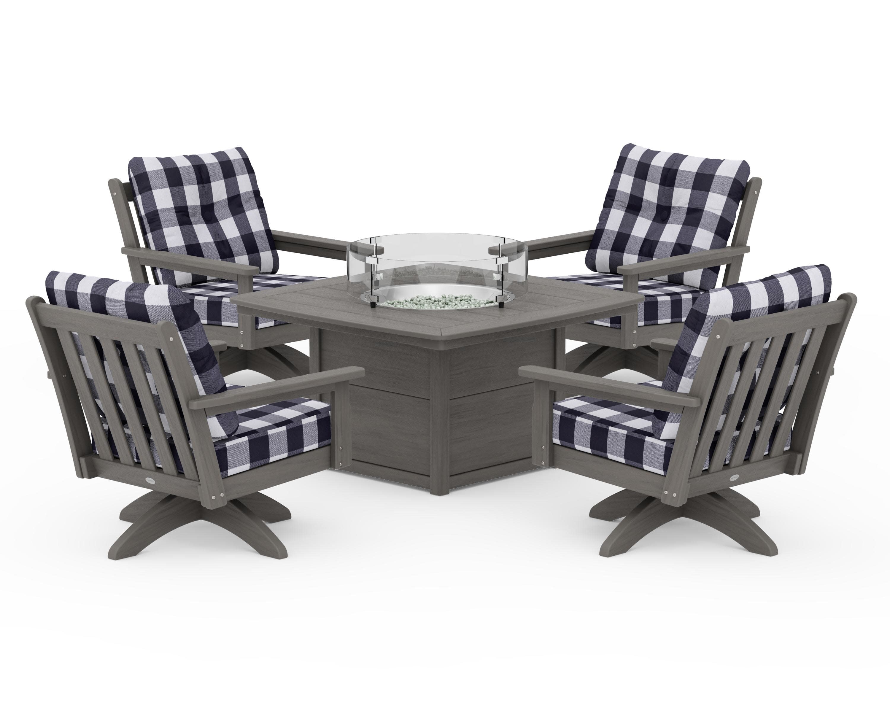Vineyard 5-Piece Deep Seating Swivel Conversation Set with Fire Pit Table in Driftwood / Buffalo Plaid Navy