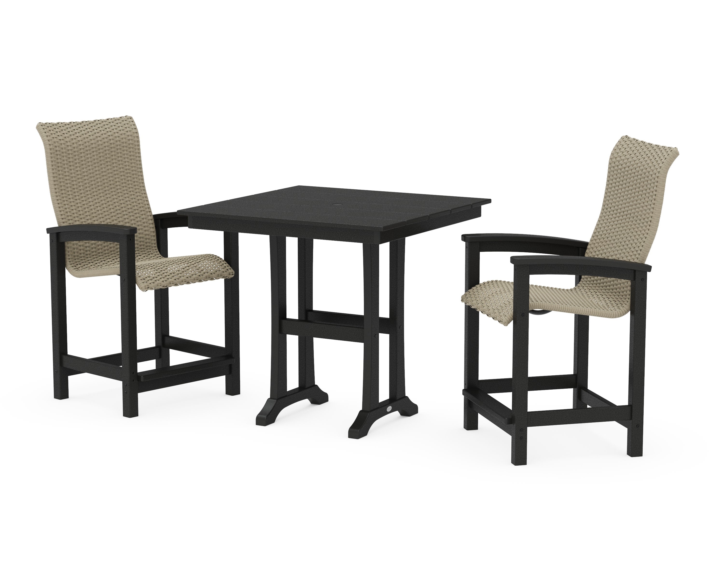 Coastal Woven High-Back 3-Piece Farmhouse Counter Set with Trestle Legs in Black / Dune Grass