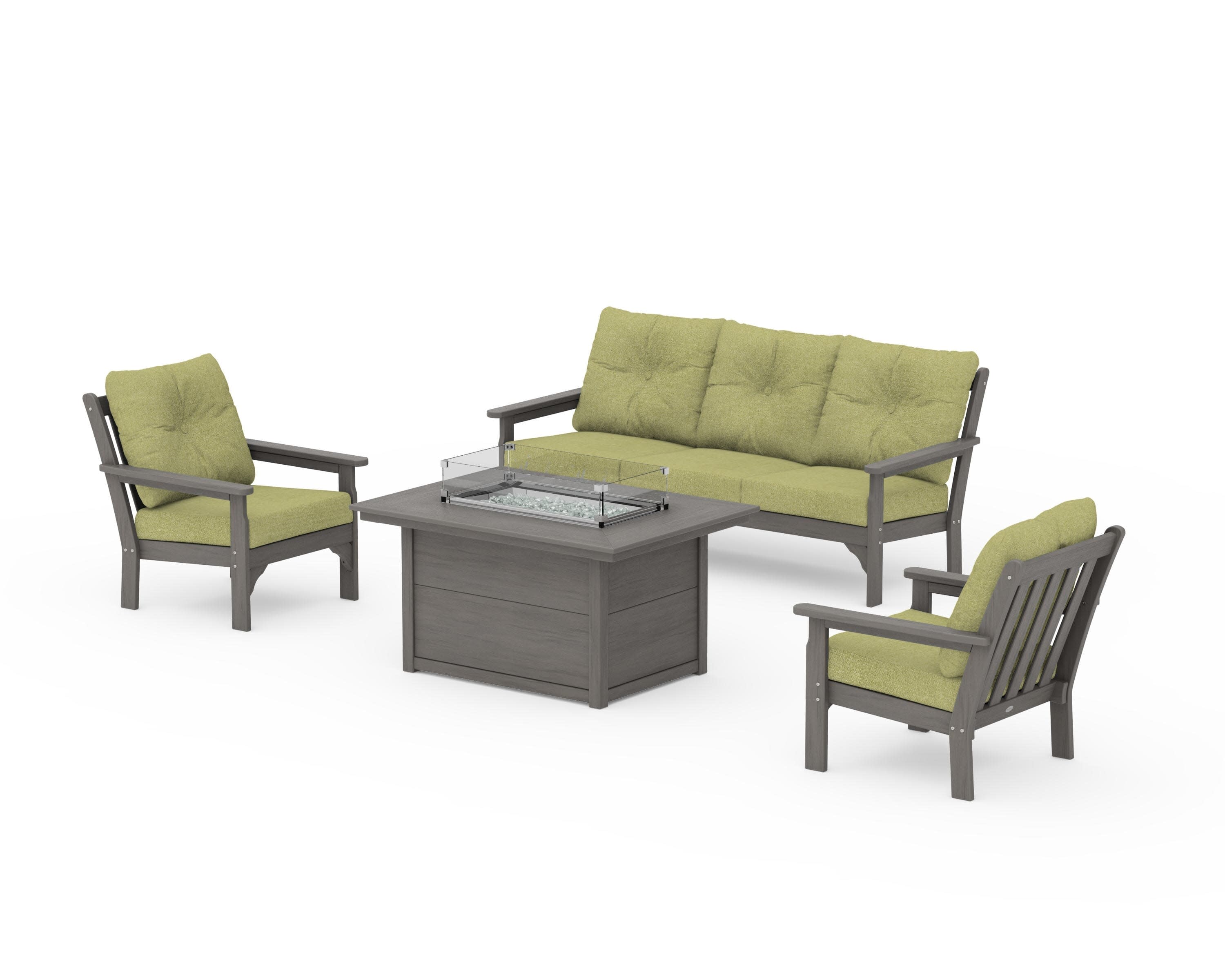 Vineyard Deep Seating Fire Pit Table Set in Driftwood / Chartreuse Boucle