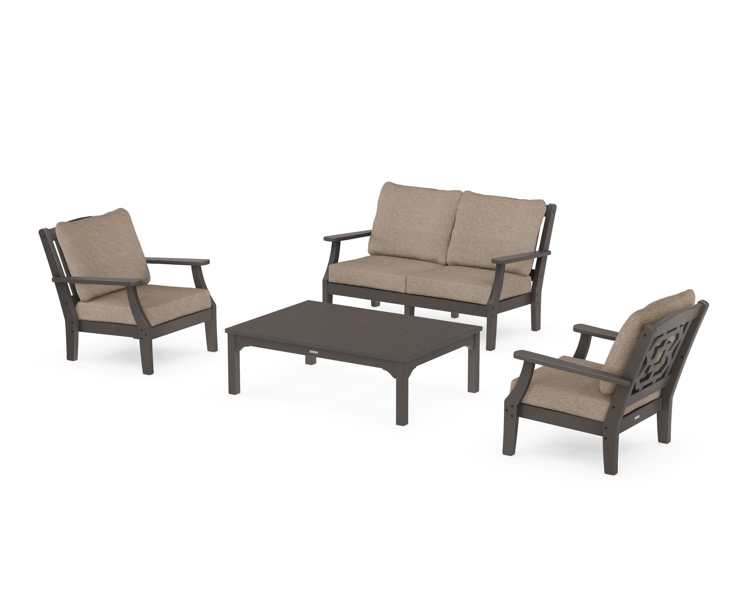 Chinoiserie 4-Piece Deep Seating Set with Loveseat in Vintage Coffee / Spiced Burlap