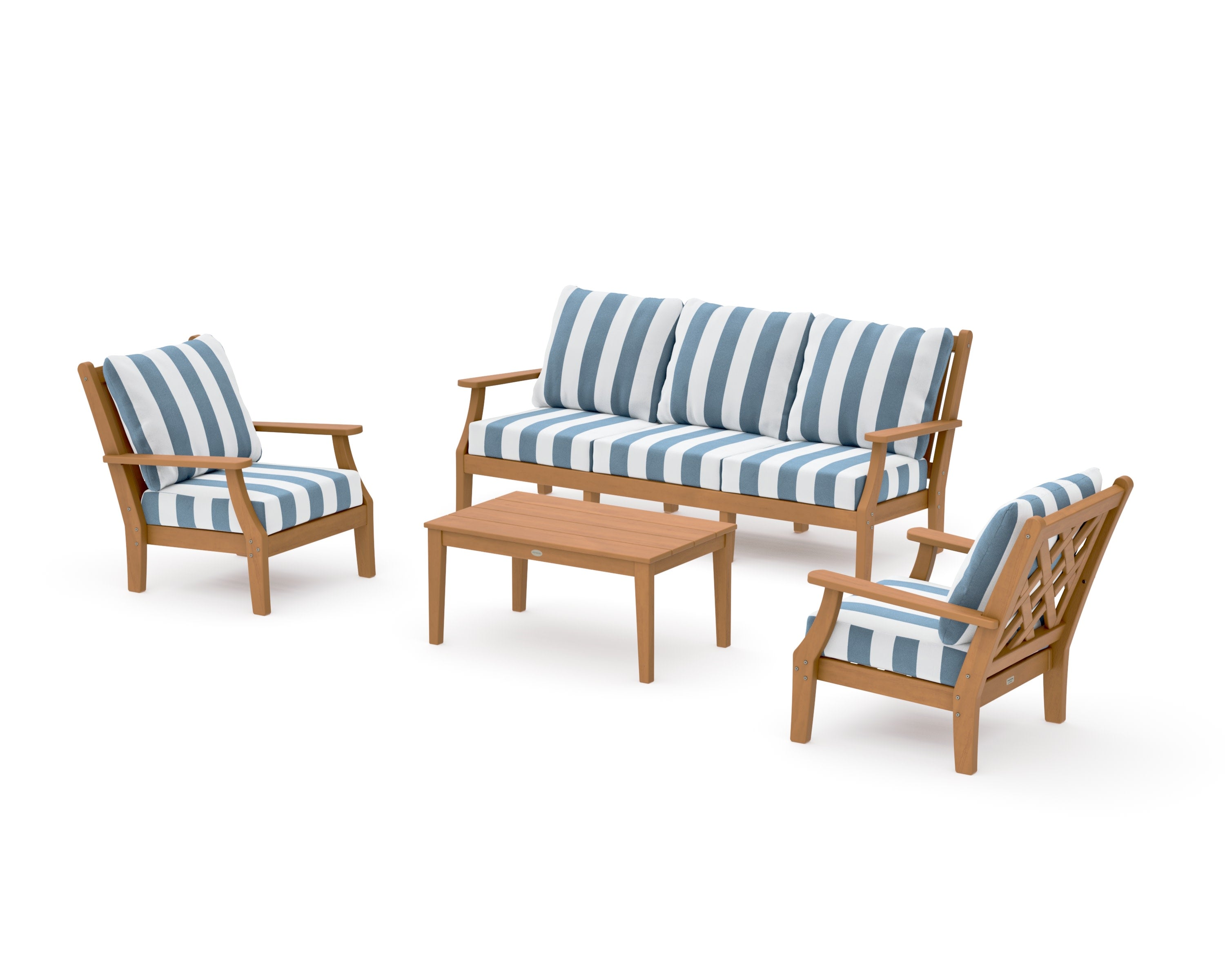 Wovendale 4-Piece Deep Seating Set with Sofa in Natural / Cabana Stripe Sky Blue
