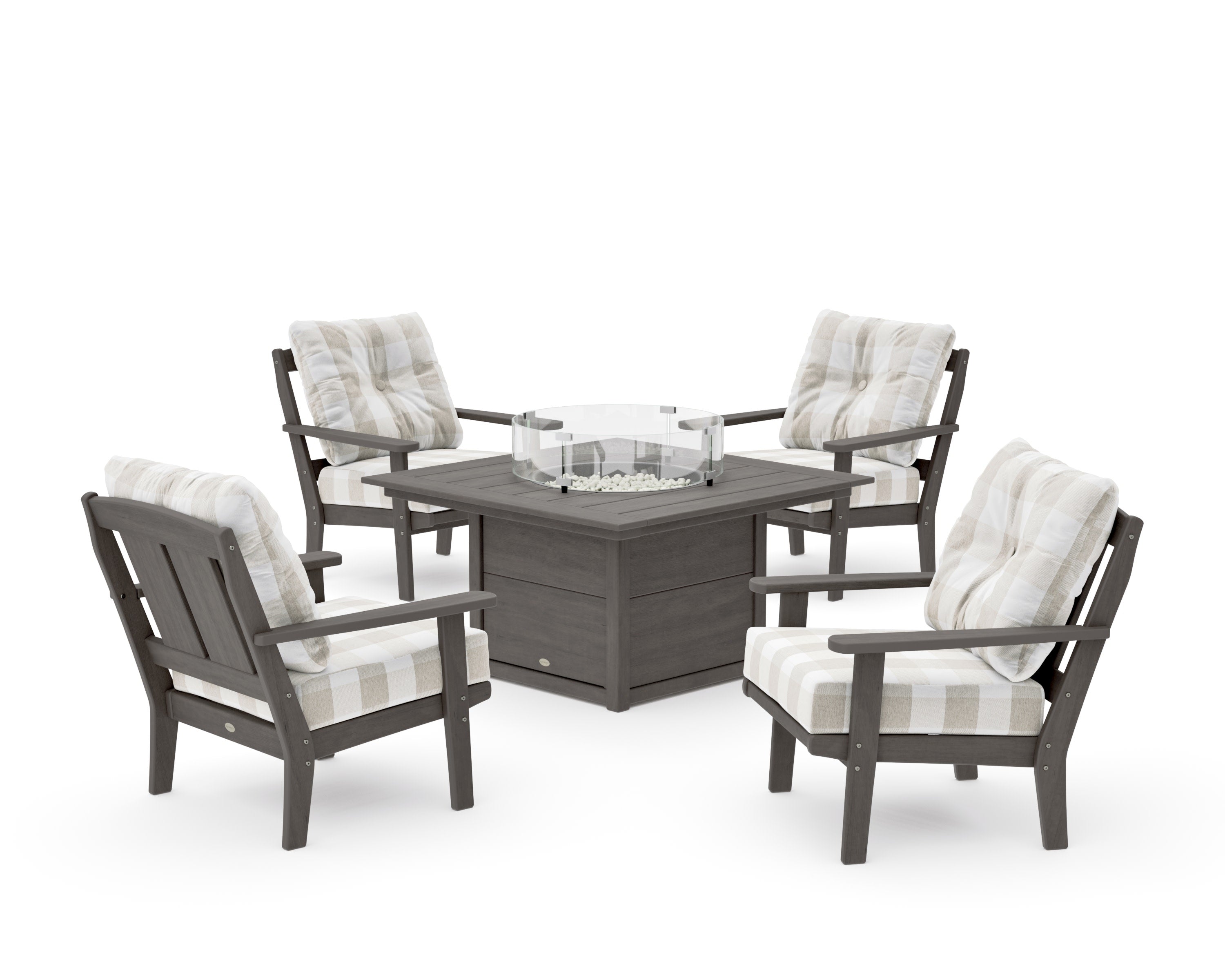 Mission 5-Piece Deep Seating Set with Fire Pit Table in Driftwood / Buffalo Plaid Dune Burlap