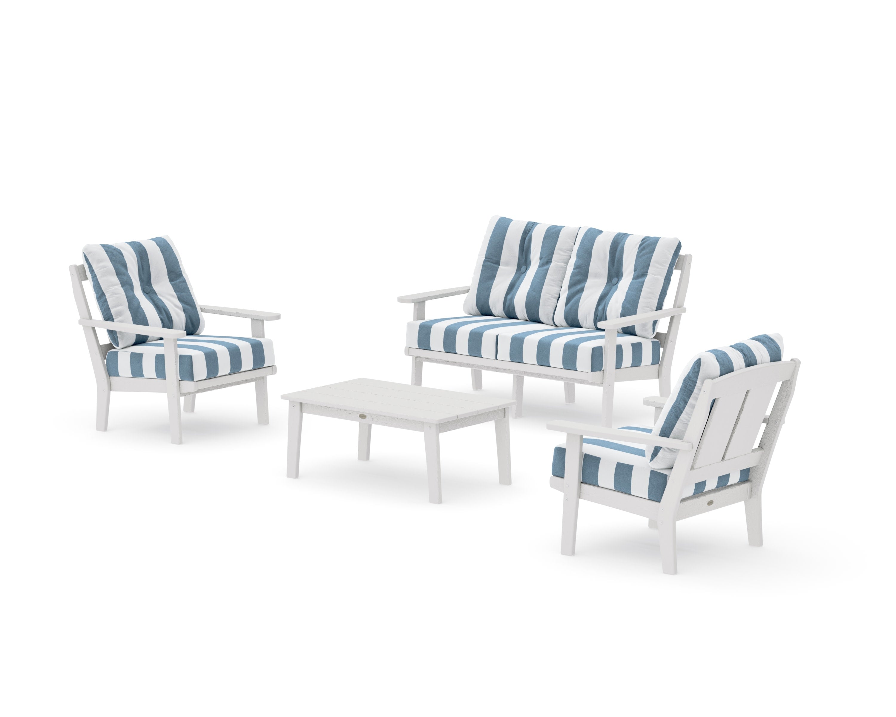 Mission 4-Piece Deep Seating Set with Loveseat in Vintage White / Cabana Stripe Sky Blue