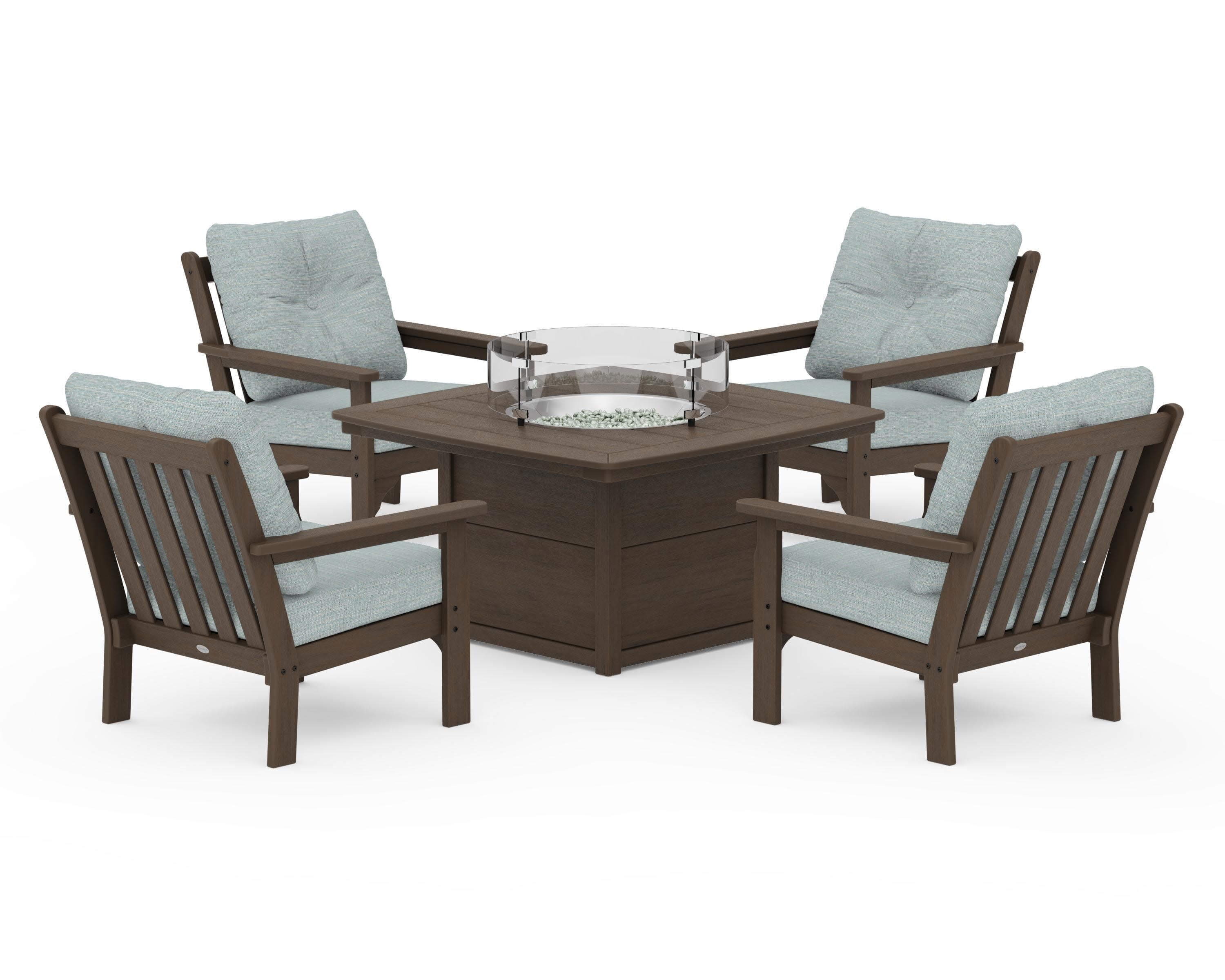Vineyard 5-Piece Conversation Set with Fire Pit Table in Kona / Soothe Mist