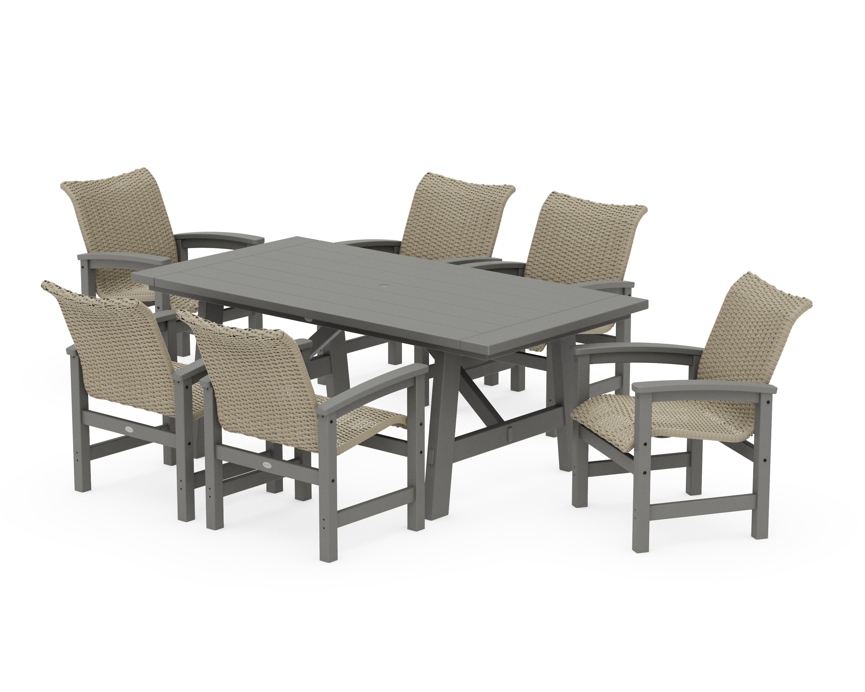 Coastal Woven Arm Chair 7-Piece Rustic Farmhouse Dining Set