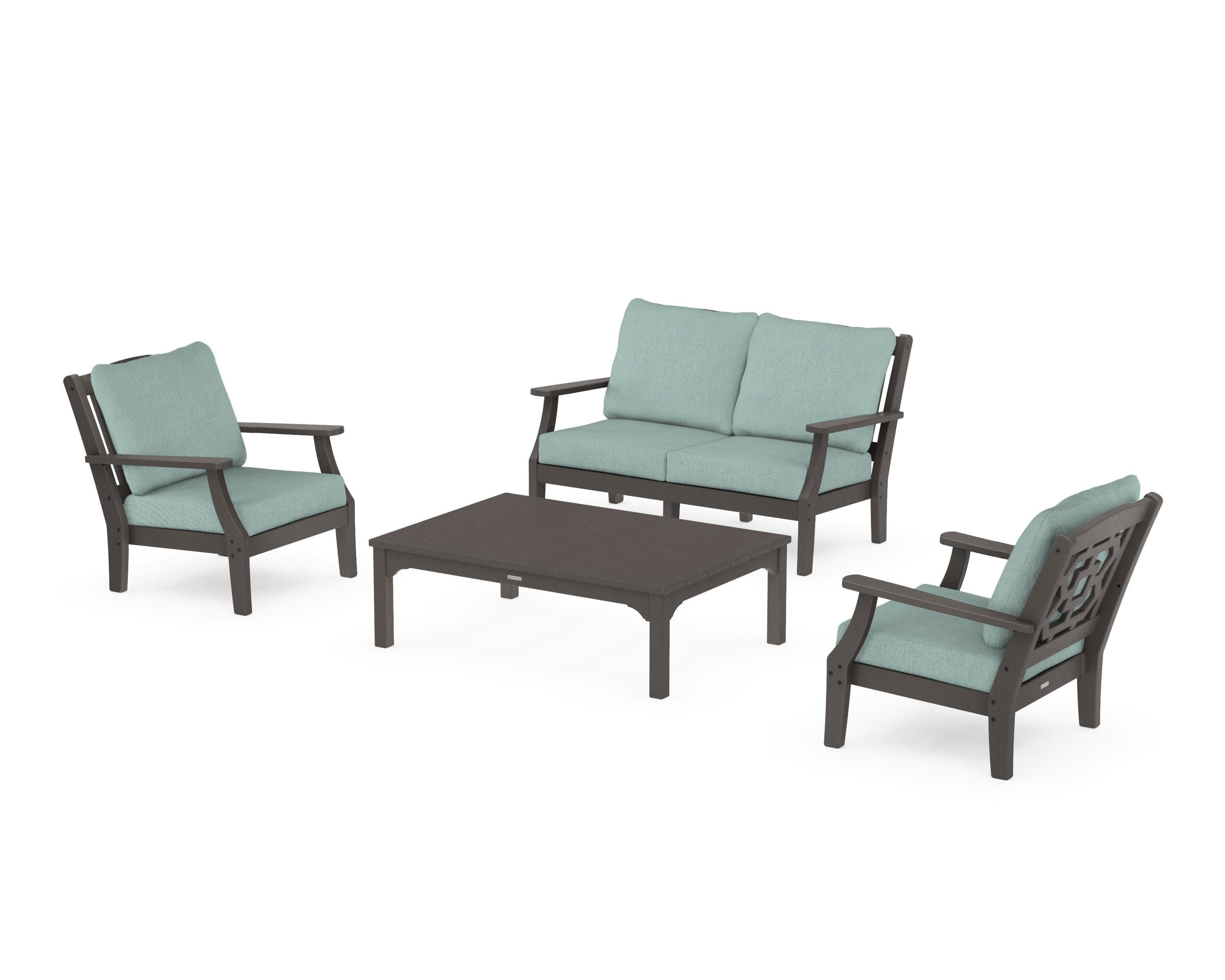 Chinoiserie 4-Piece Deep Seating Set with Loveseat in Vintage Coffee / Glacier Spa