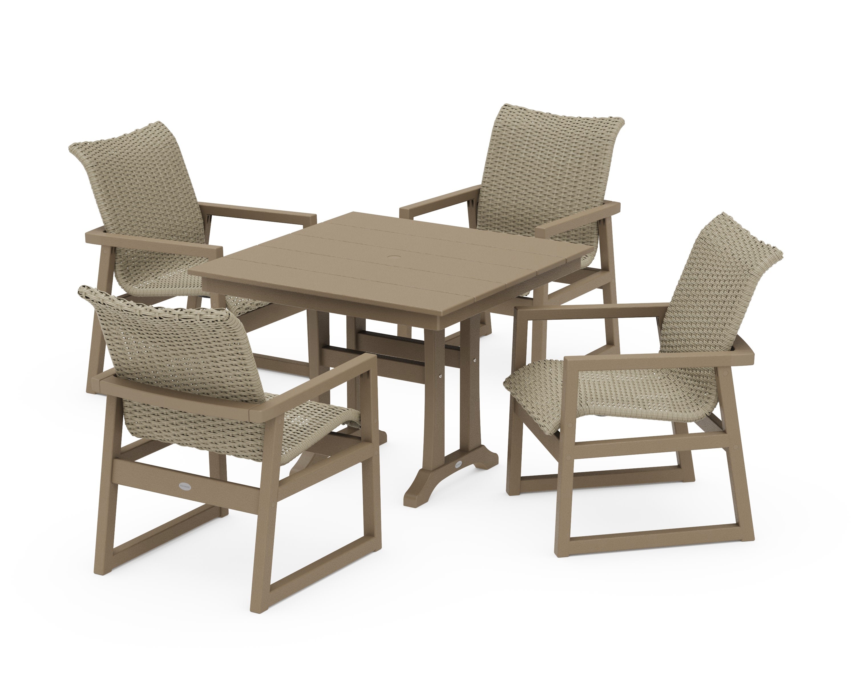 EDGE Woven 5-Piece Farmhouse Dining Set with Trestle Legs in Vintage Sahara / Dune Grass