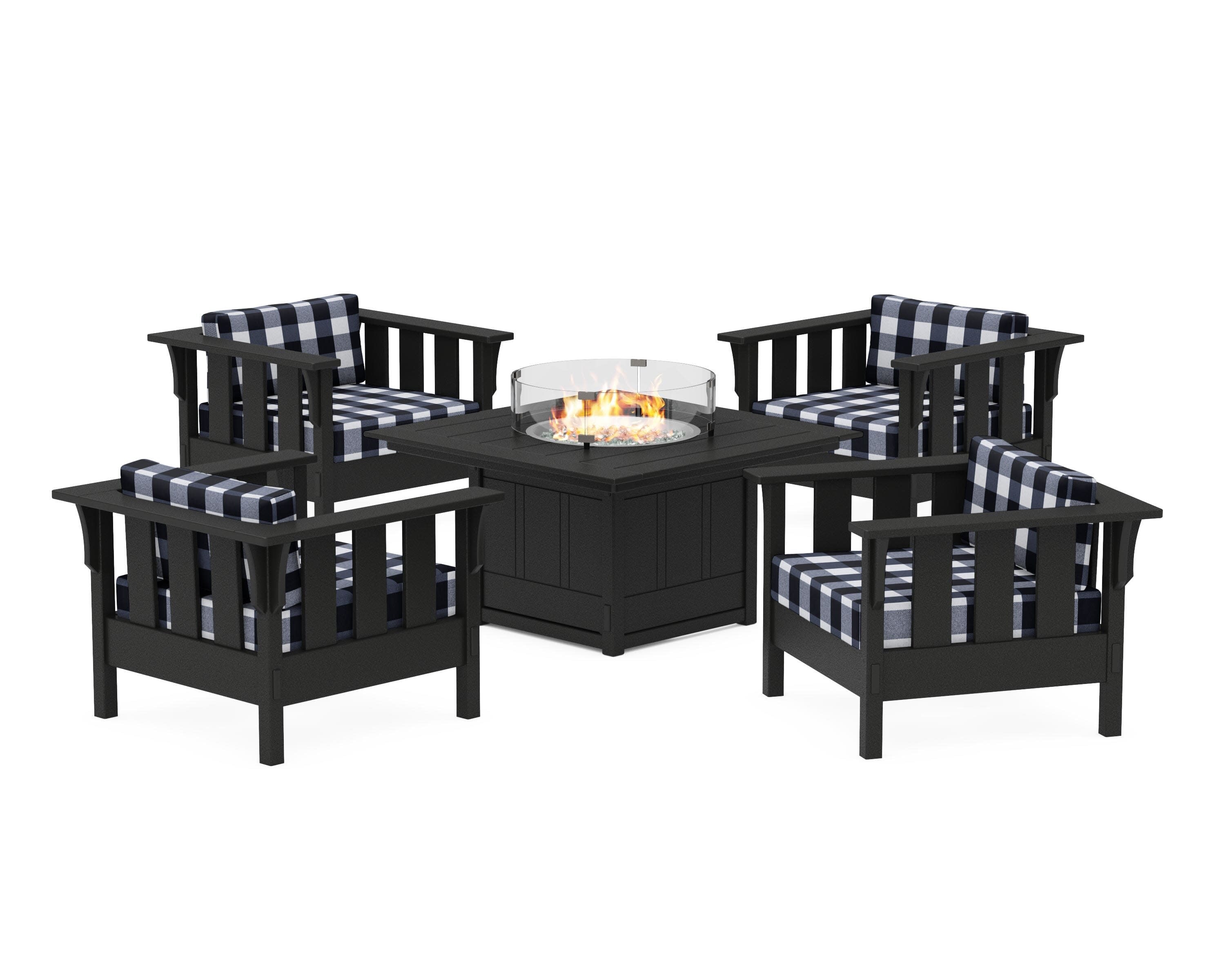 Acadia 5-Piece Deep Seating Set with Fire Pit Table in Black / Buffalo Plaid Marine Indigo