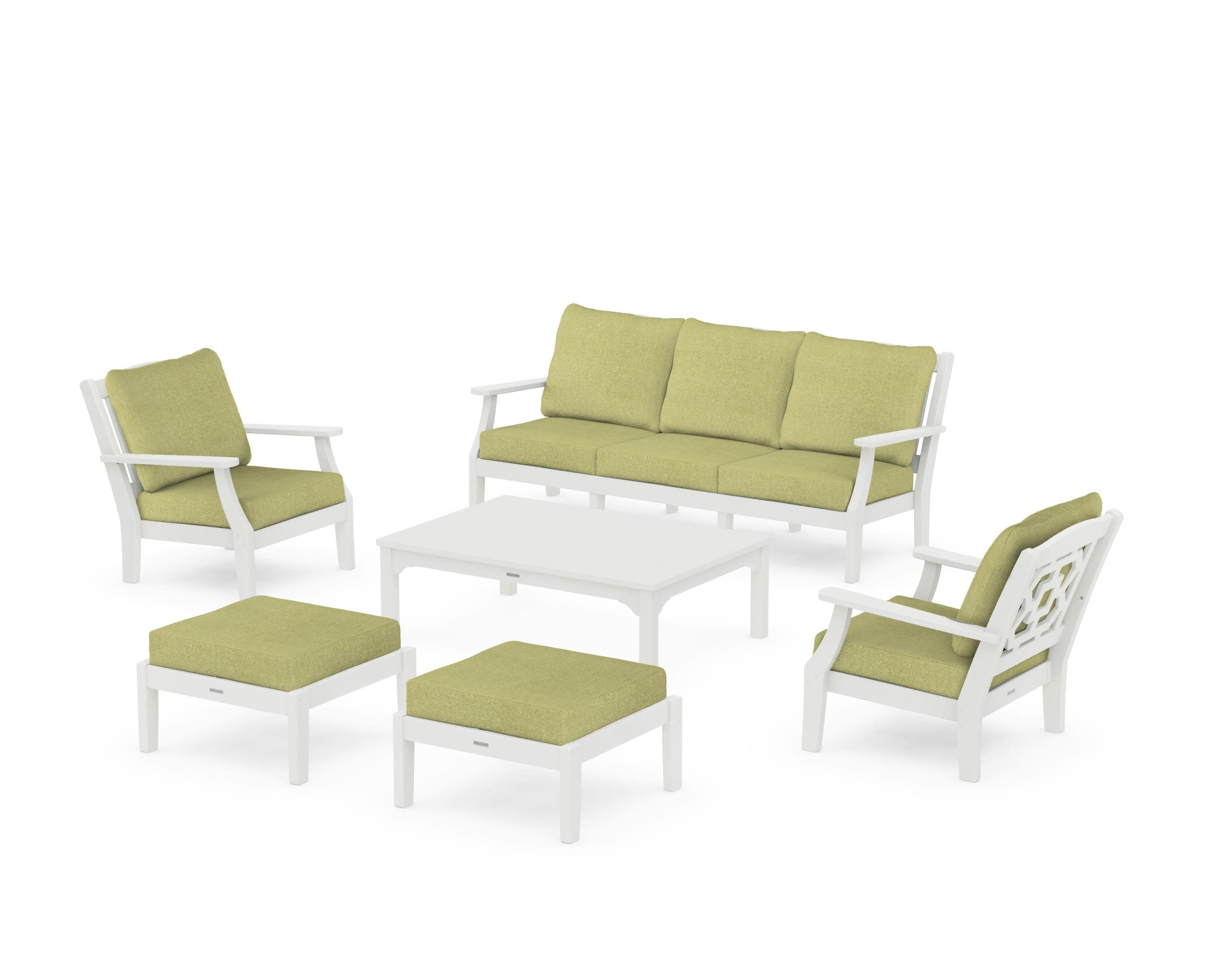Chinoiserie 6-Piece Lounge Sofa Set in Vintage White / Chartreuse Boucle