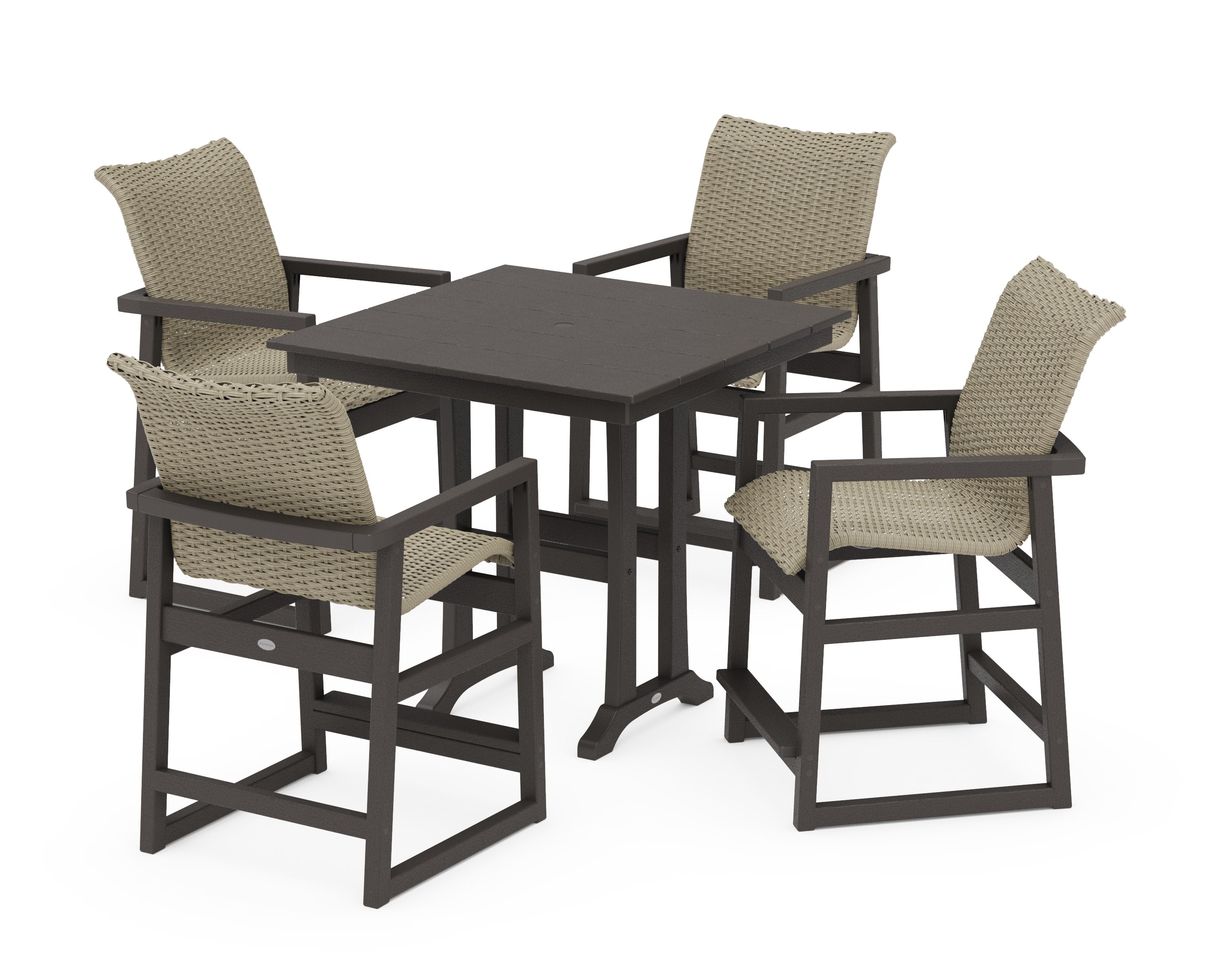 EDGE Woven 5-Piece Farmhouse Counter Set with Trestle Legs in Vintage Coffee / Dune Grass