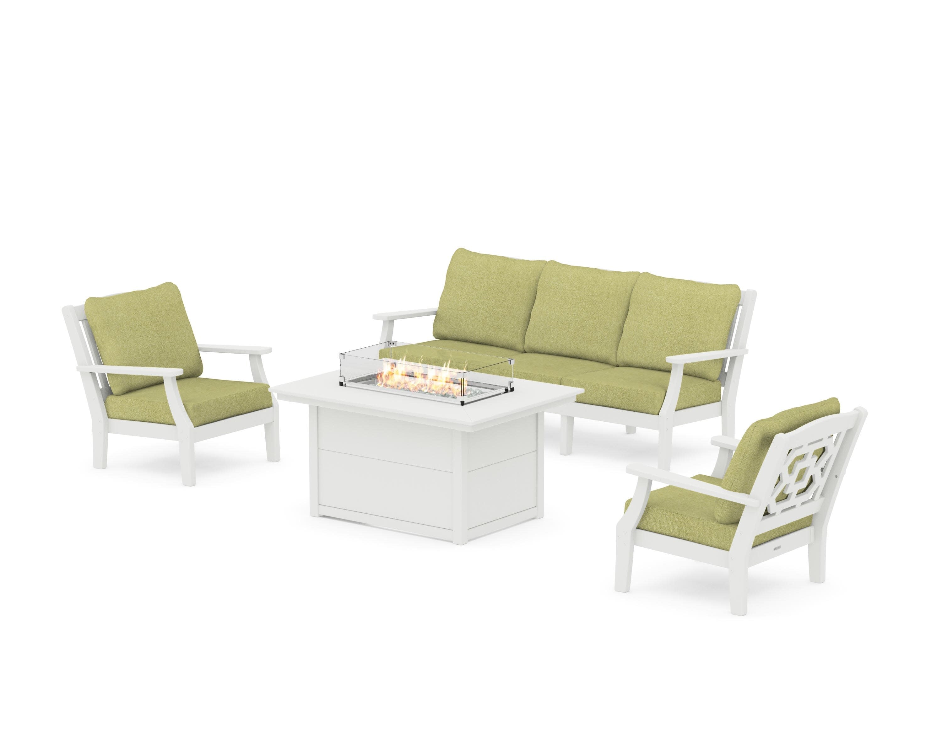 Chinoiserie Deep Seating Fire Pit Table Set in Vintage White / Chartreuse Boucle