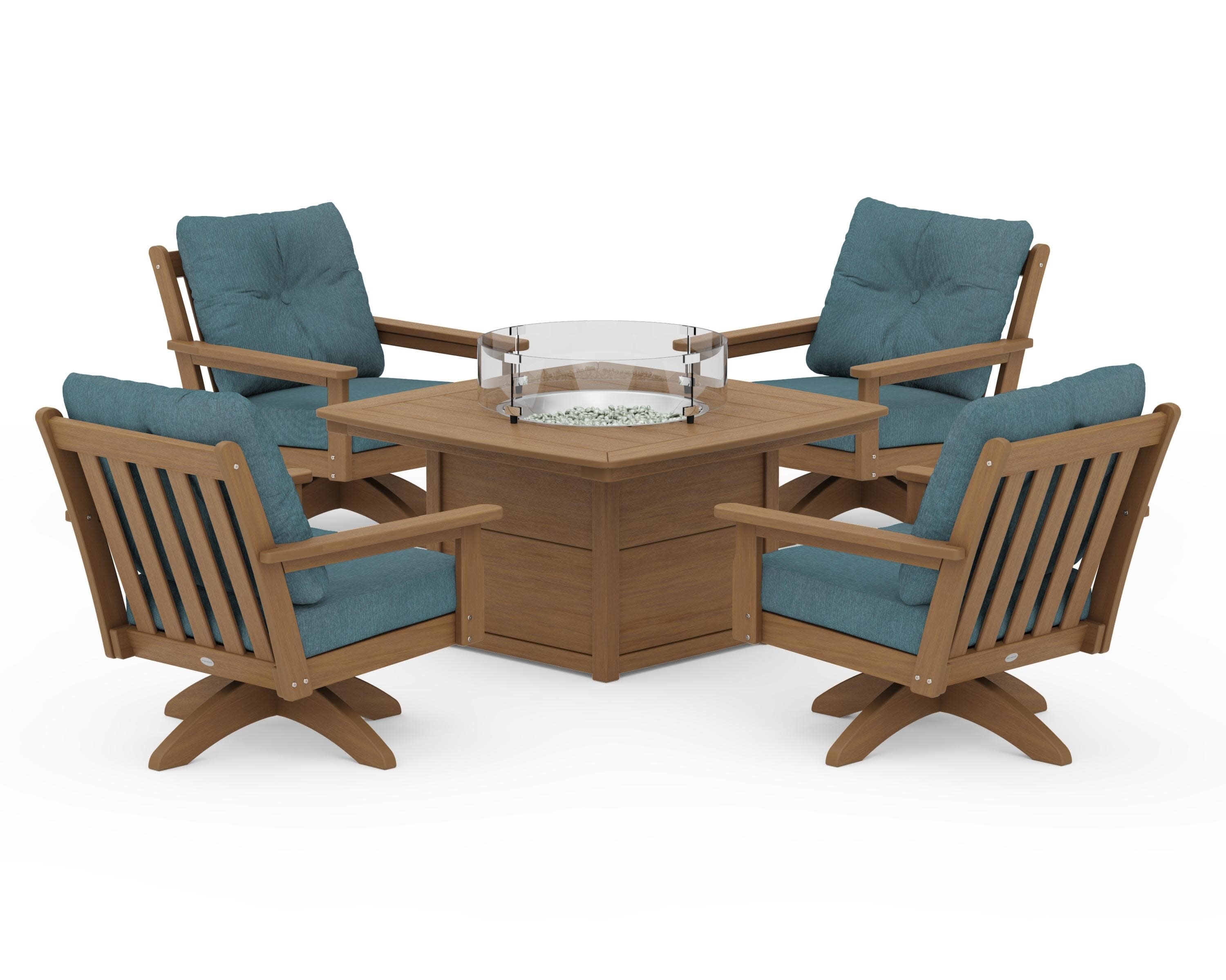 Vineyard 5-Piece Deep Seating Swivel Conversation Set with Fire Pit Table in Natural / Ocean Teal