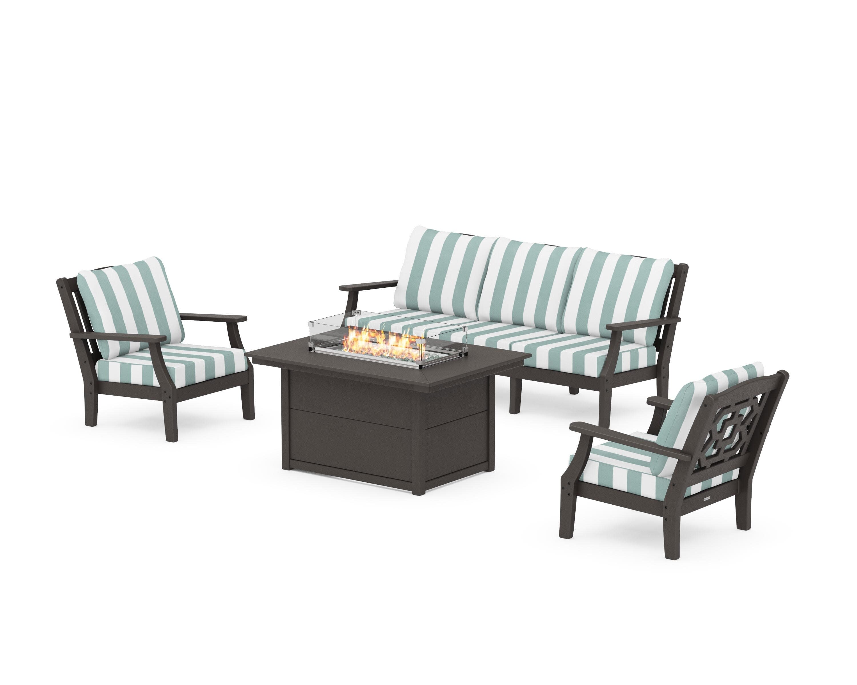 Chinoiserie Deep Seating Fire Pit Table Set in Vintage Coffee / Cabana Stripe Glacier Spa