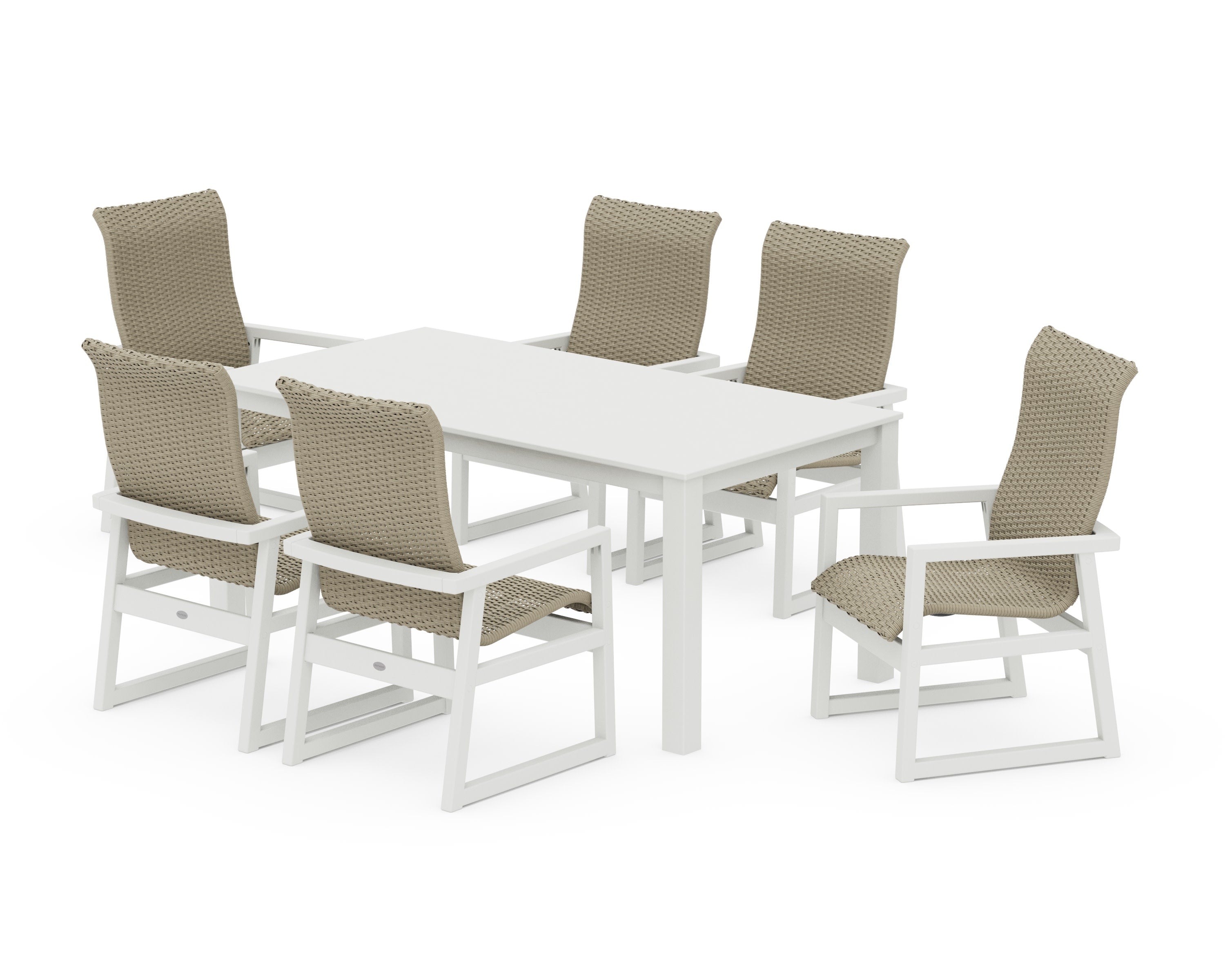 EDGE Woven Highback Arm Chair 7-Piece Parsons Dining Set in White / Dune Grass