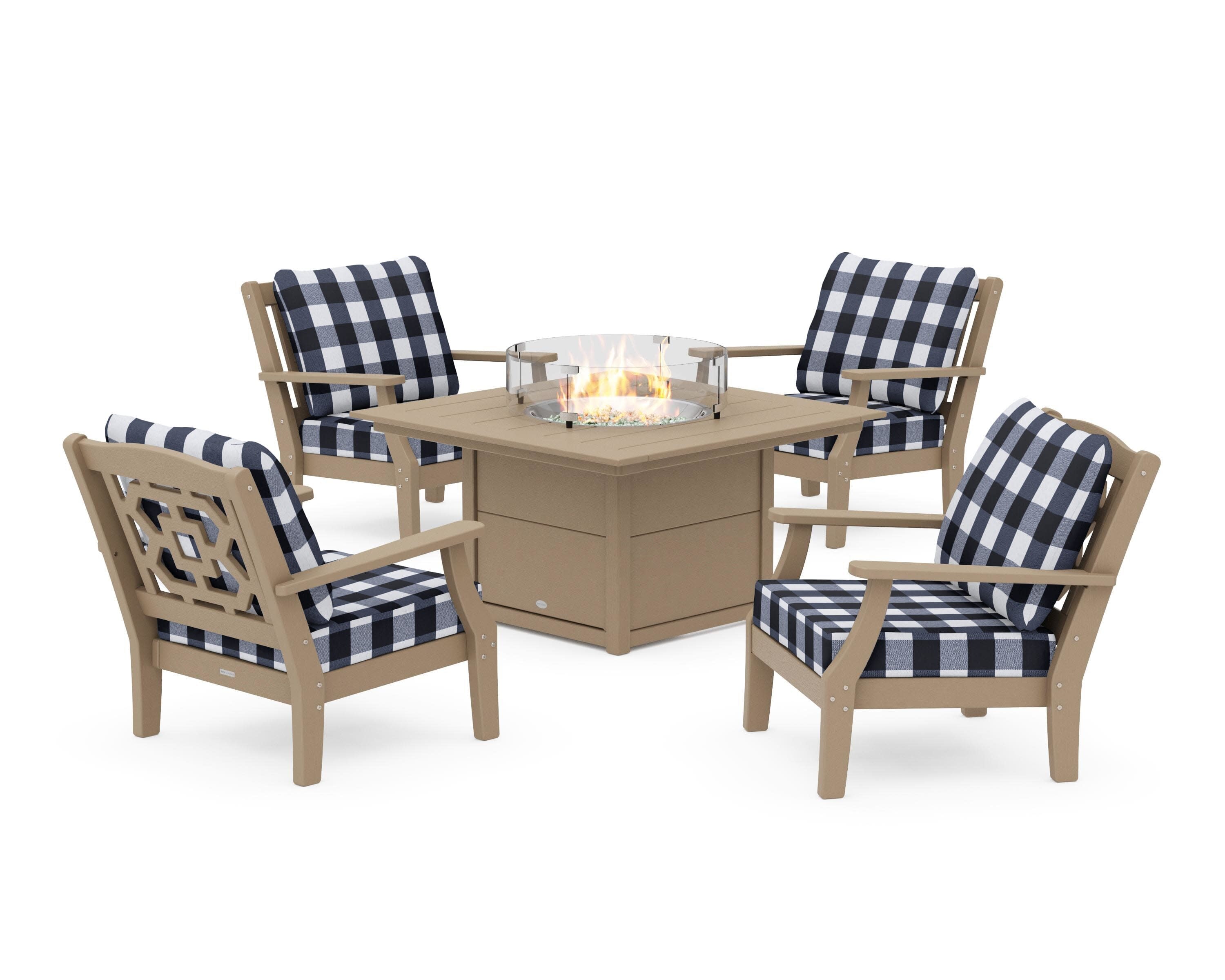 Chinoiserie 5-Piece Deep Seating Set with Fire Pit Table in Vintage Sahara / Buffalo Plaid Marine Indigo