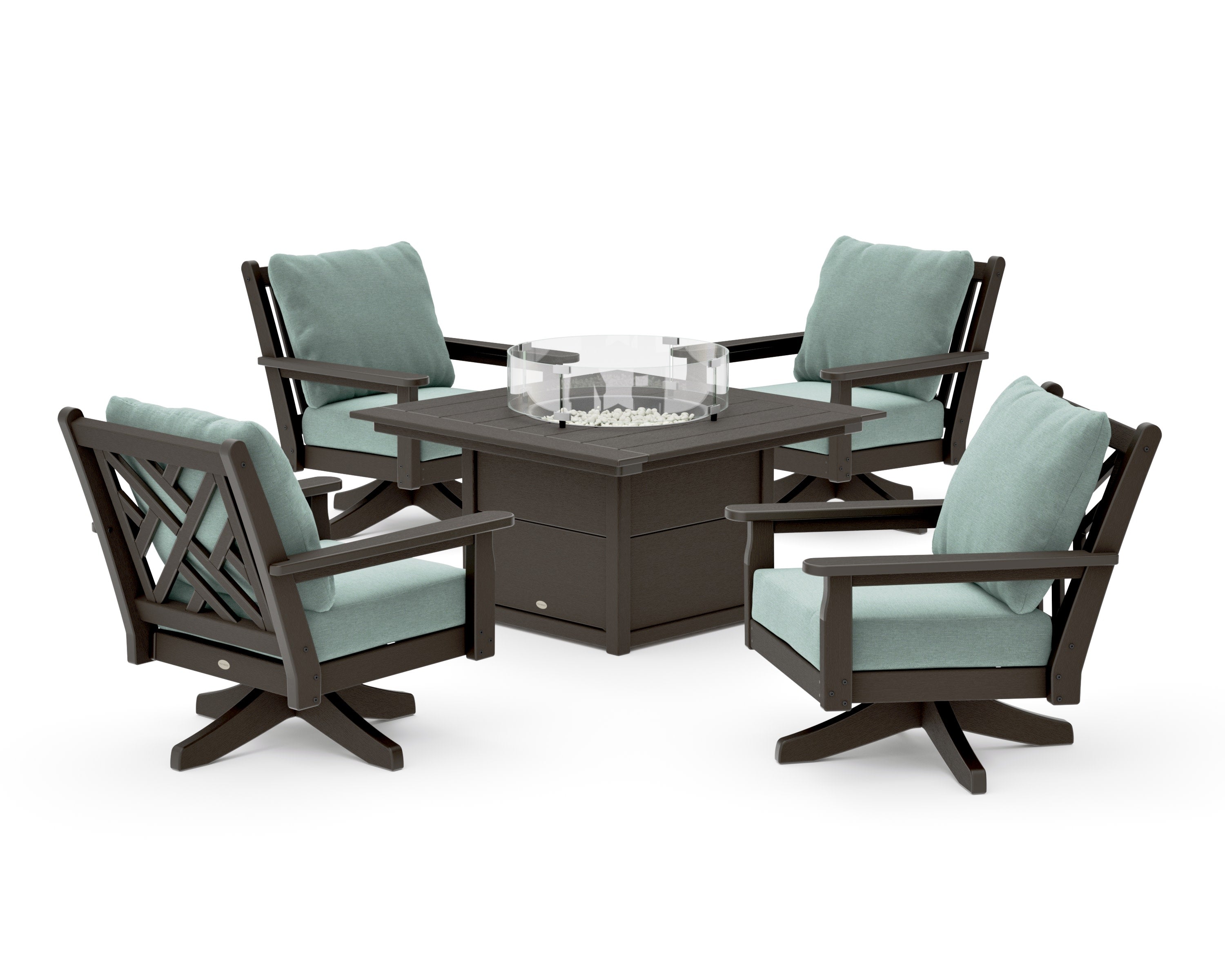 Chippendale 5-Piece Deep Seating Swivel Conversation Set with Fire Pit Table in Vintage Coffee / Glacier Spa