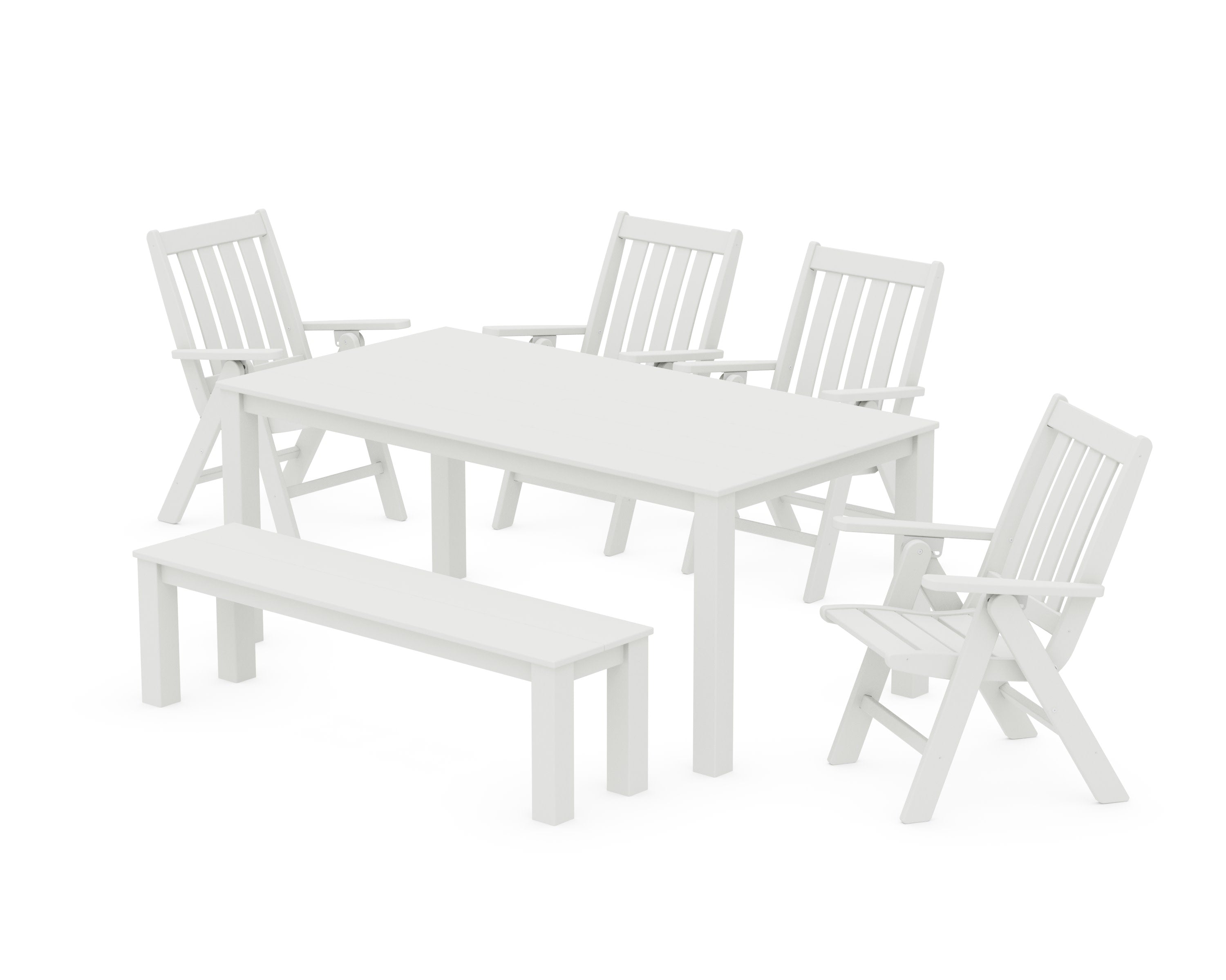 Vineyard Folding Chair 6-Piece Parsons Dining Set with Bench in Vintage White