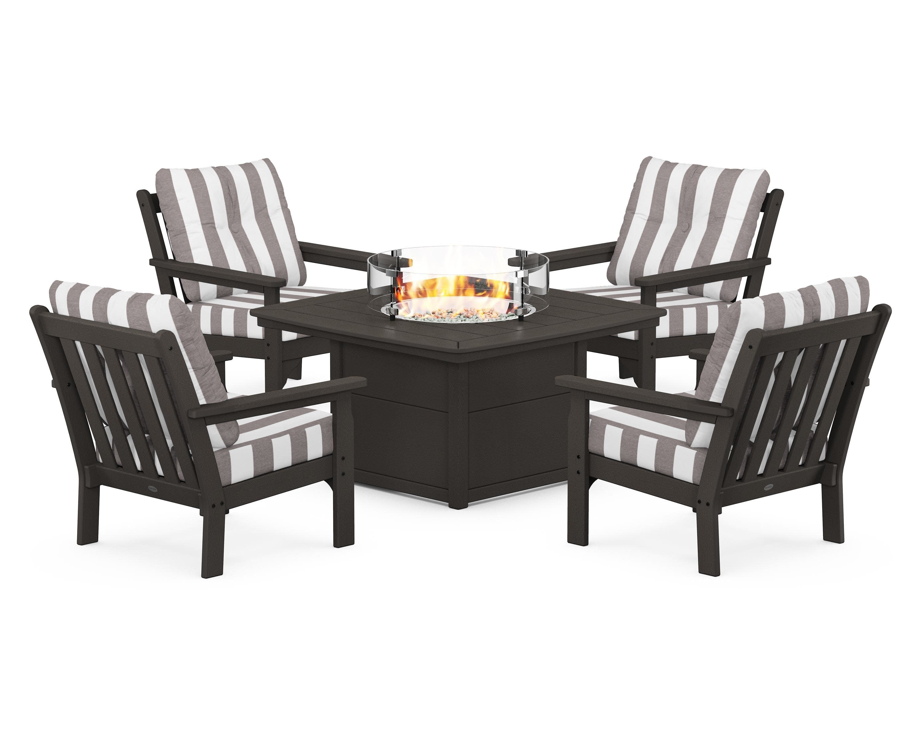 Vineyard 5-Piece Conversation Set with Fire Pit Table in Vintage Coffee / Cabana Stripe Grey Mist