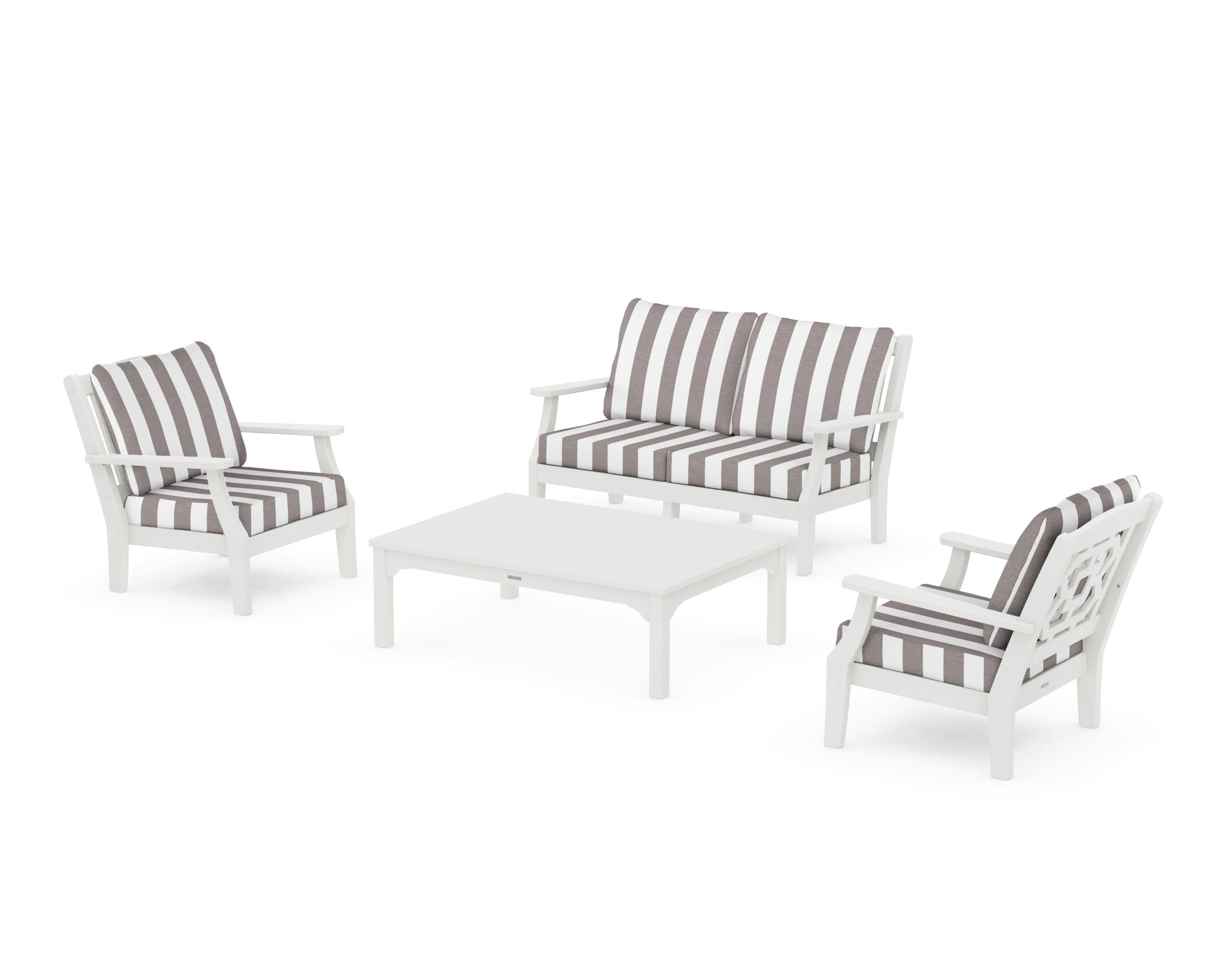 Chinoiserie 4-Piece Deep Seating Set with Loveseat in Vintage White / Cabana Stripe Grey Mist