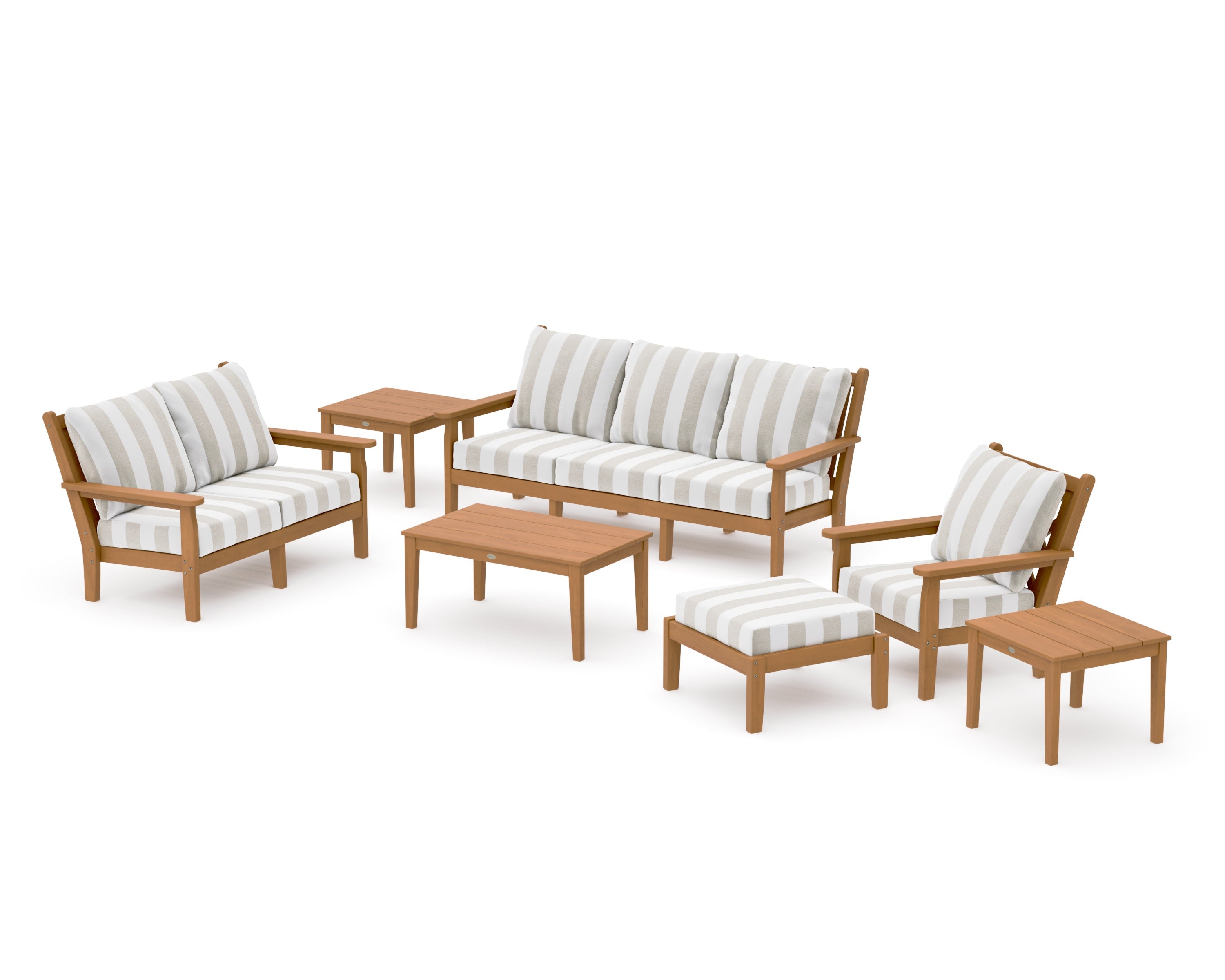 Chippendale 7-Piece Deep Seating Set in Natural / Cabana Stripe Dune Burlap