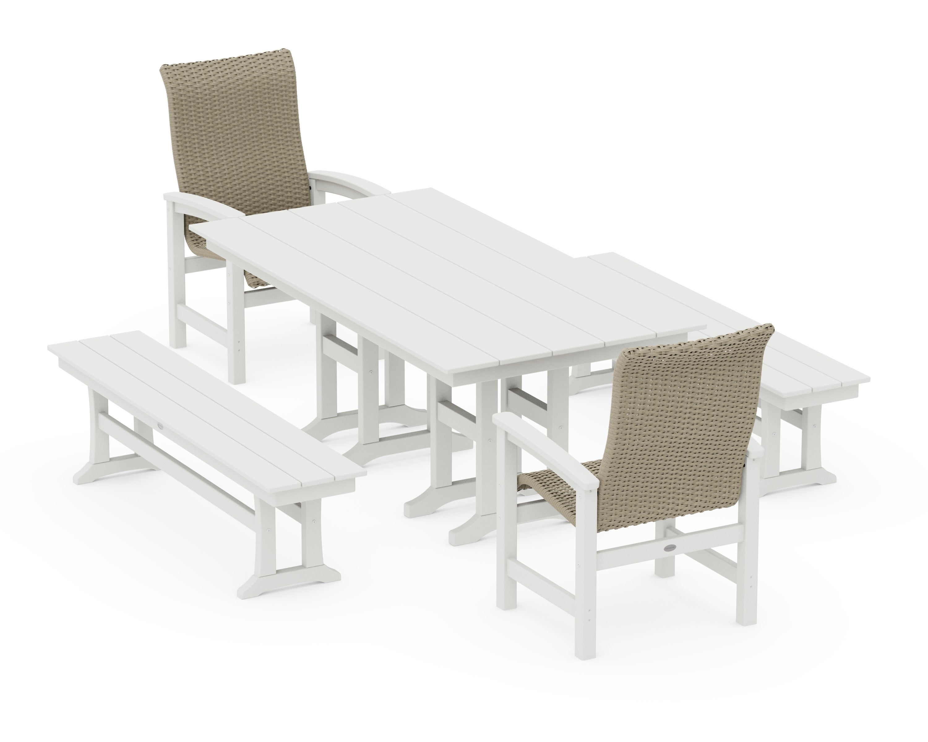 Coastal Woven High-Back 5-Piece Farmhouse Dining Set with Benches in Vintage White / Dune Grass