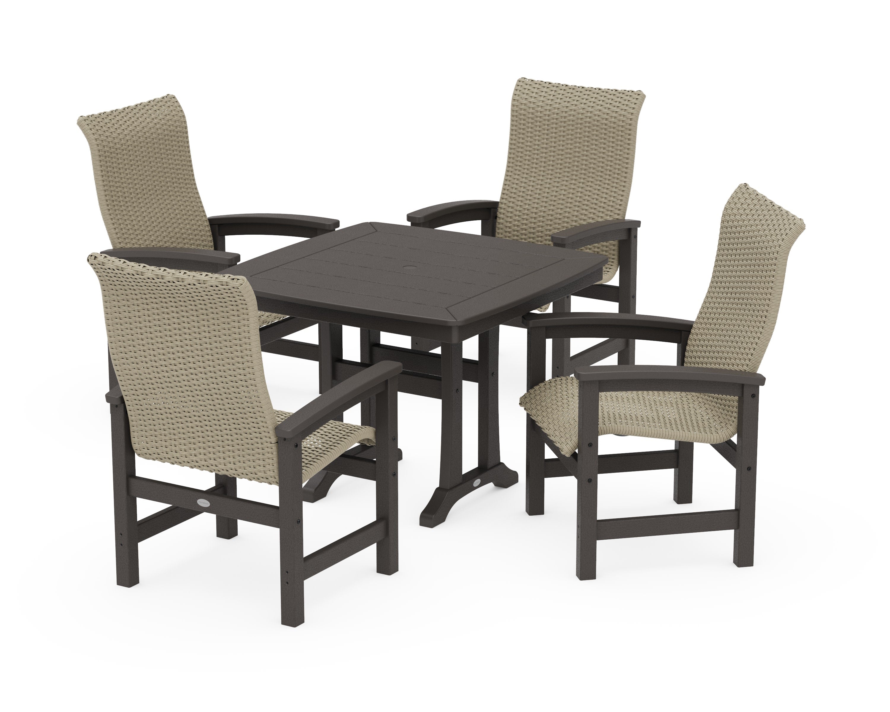 Coastal Woven High-Back 5-Piece Dining Set with Trestle Legs in Vintage Coffee / Dune Grass