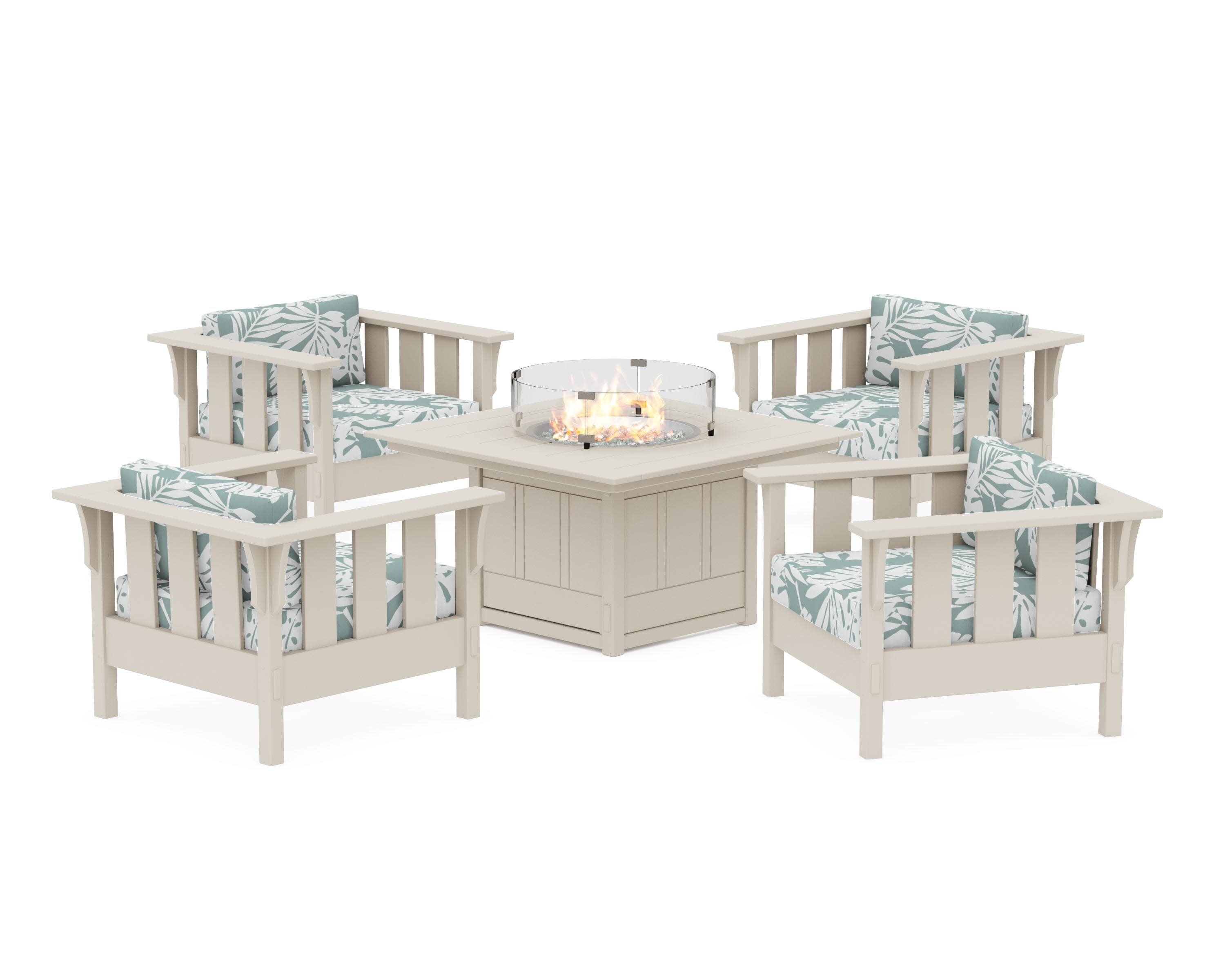 Acadia 5-Piece Deep Seating Set with Fire Pit Table in Sand / Leaf Glacier Spa