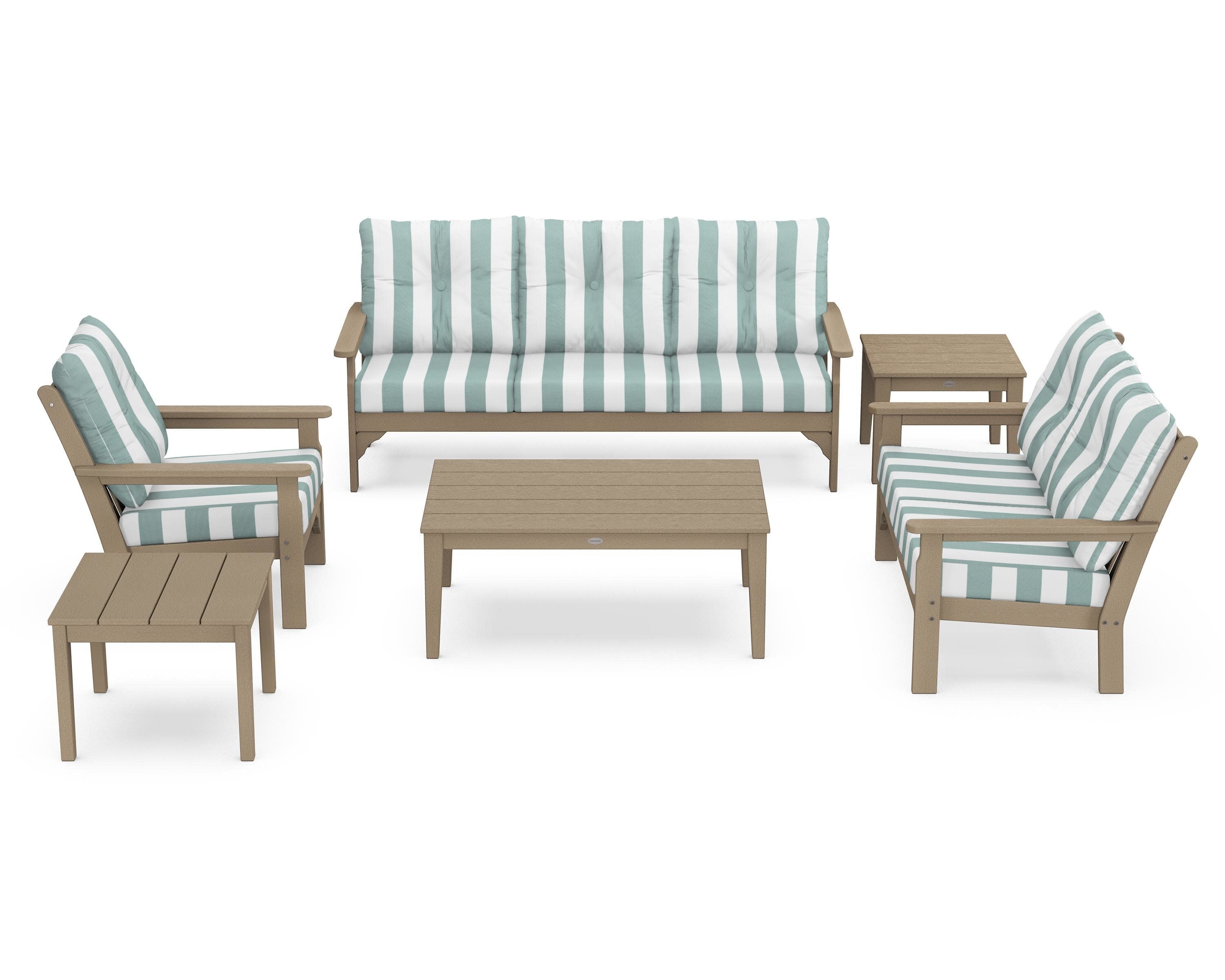 Vineyard 6-Piece Deep Seating Set in Vintage Sahara / Cabana Stripe Glacier Spa