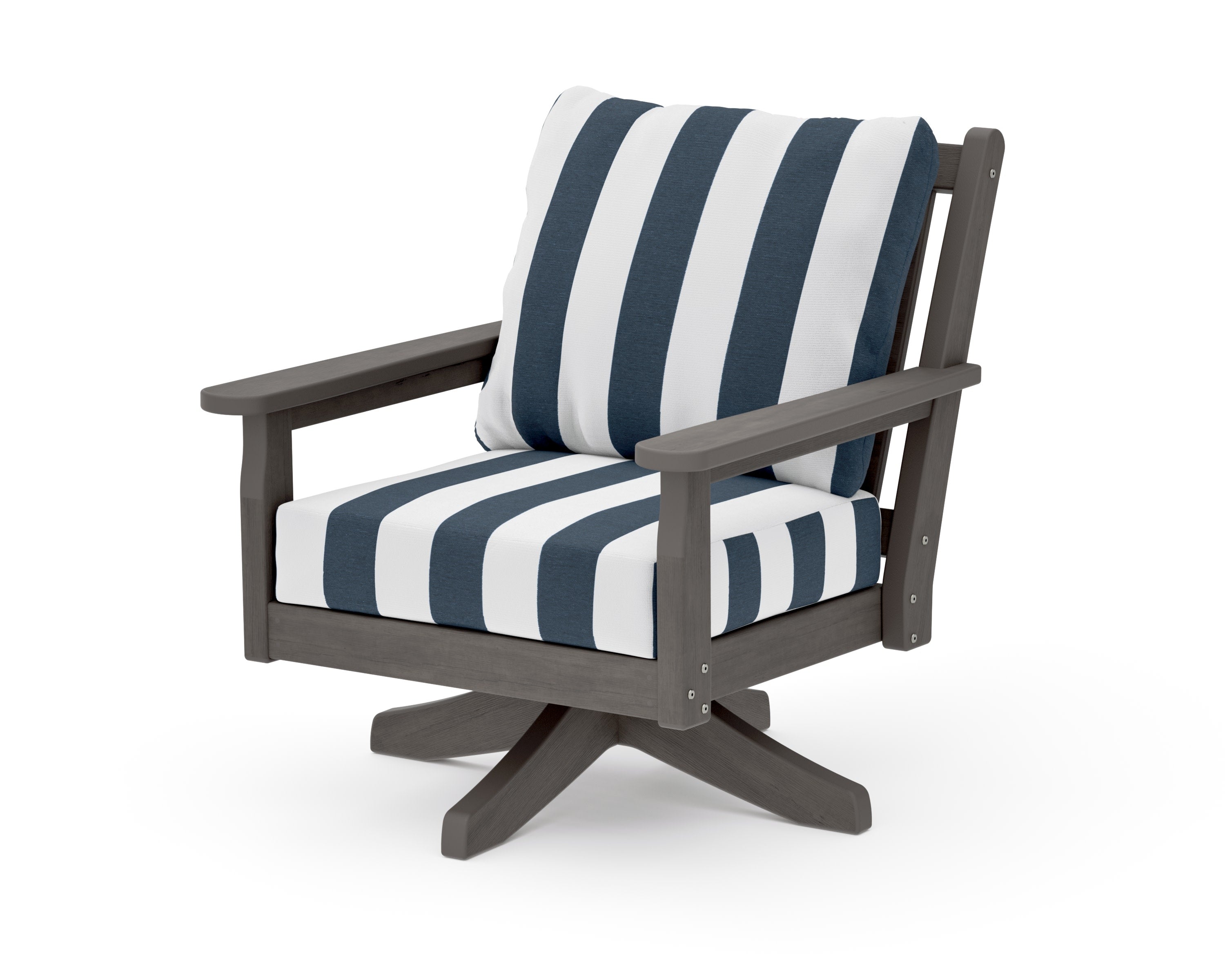 Chippendale Deep Seating Swivel Chair in Driftwood / Cabana Stripe Marine Indigo