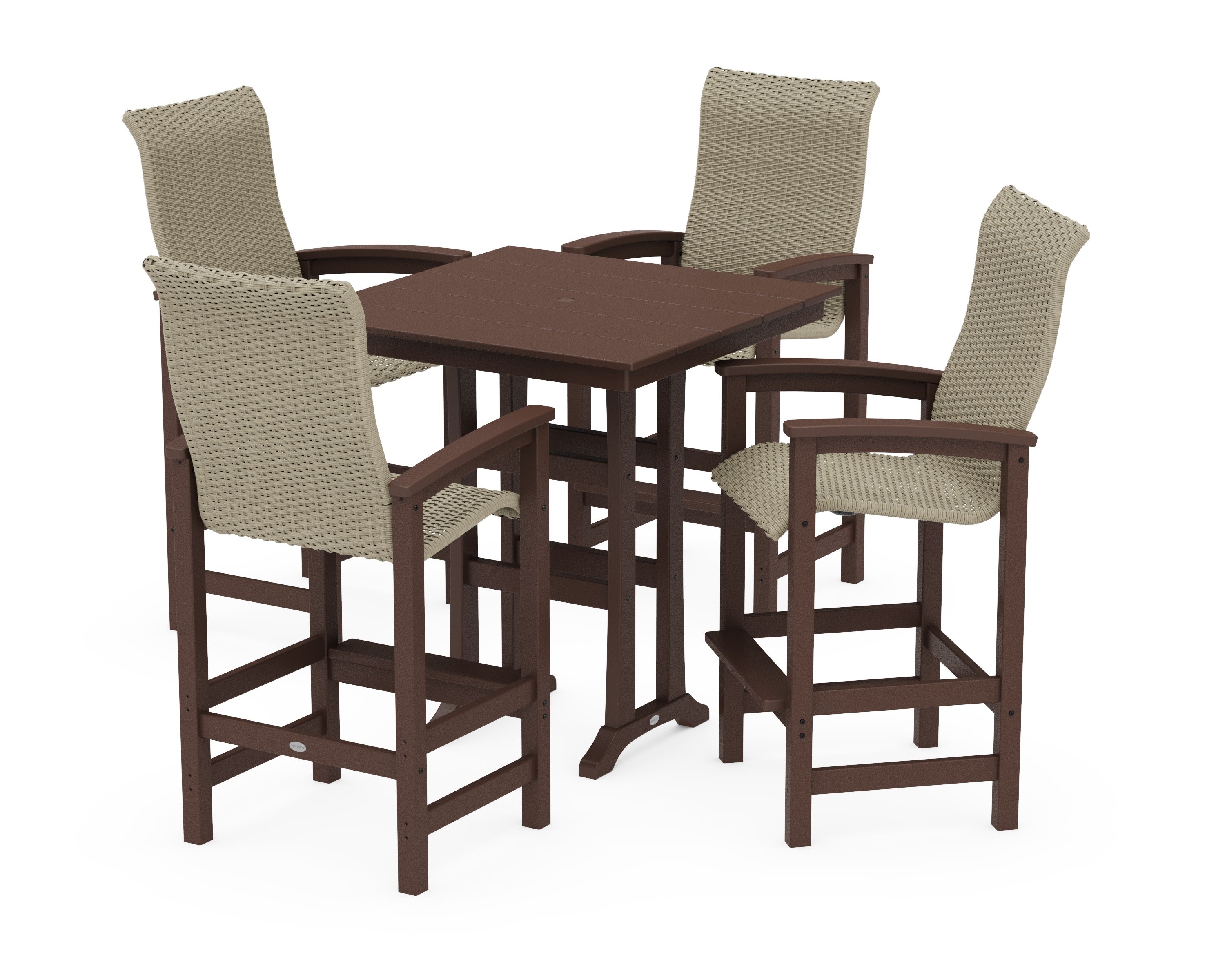 Coastal Woven High-Back 5-Piece Farmhouse Bar Set with Trestle Legs in Mahogany / Dune Grass