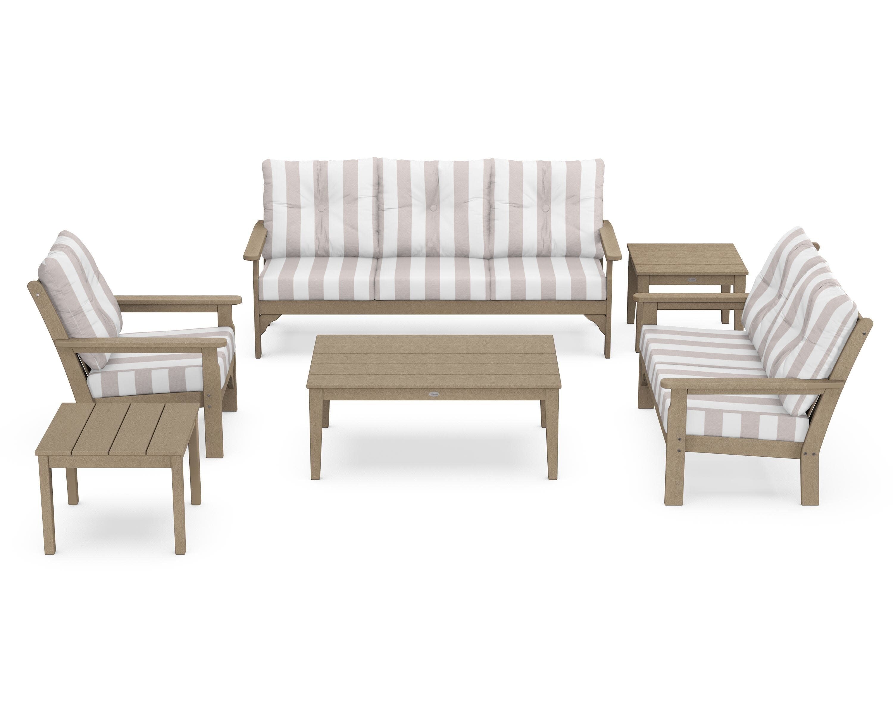 Vineyard 6-Piece Deep Seating Set in Vintage Sahara / Cabana Stripe Dune Burlap
