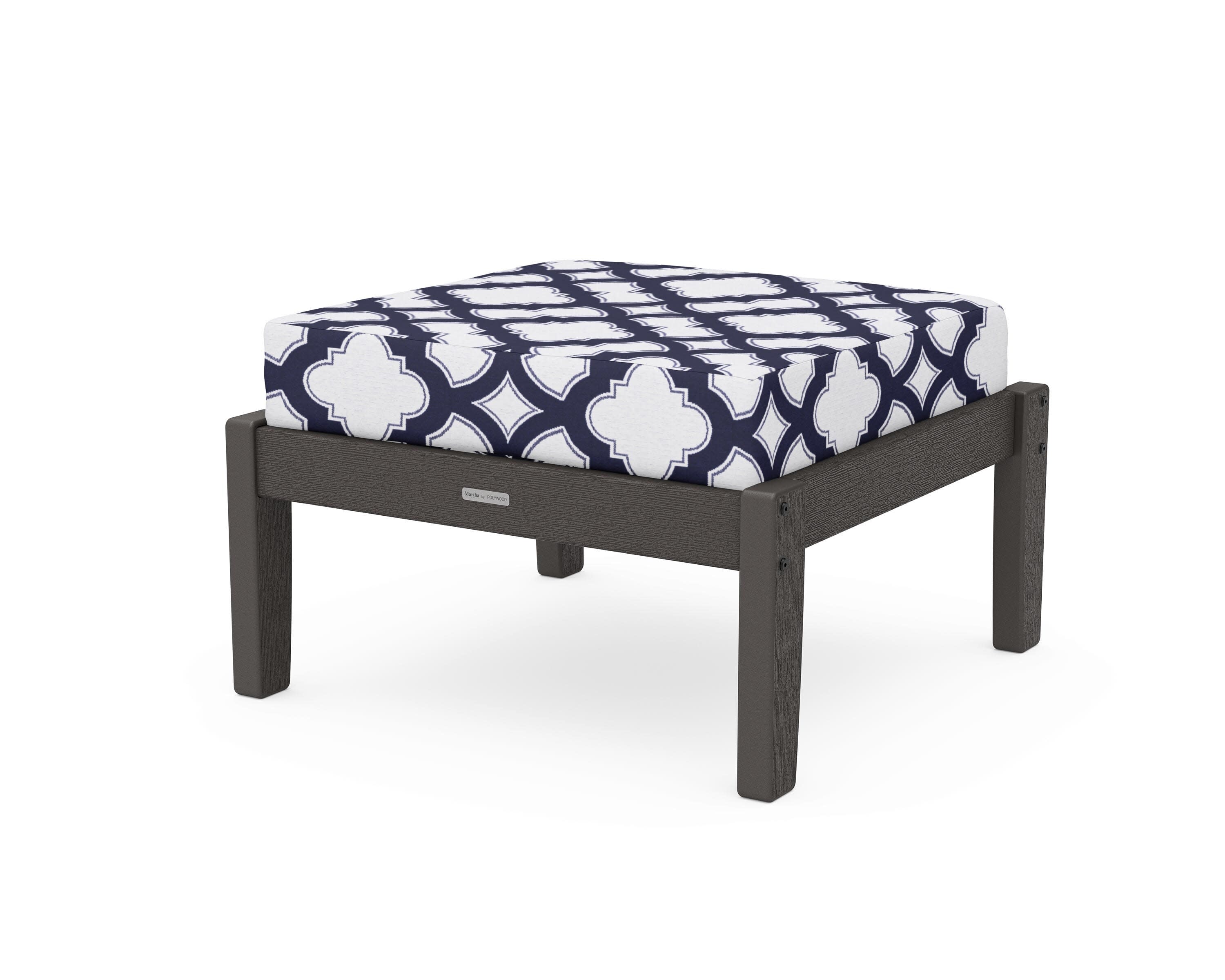 Chinoiserie Deep Seating Ottoman in Vintage Coffee / Trellis Navy