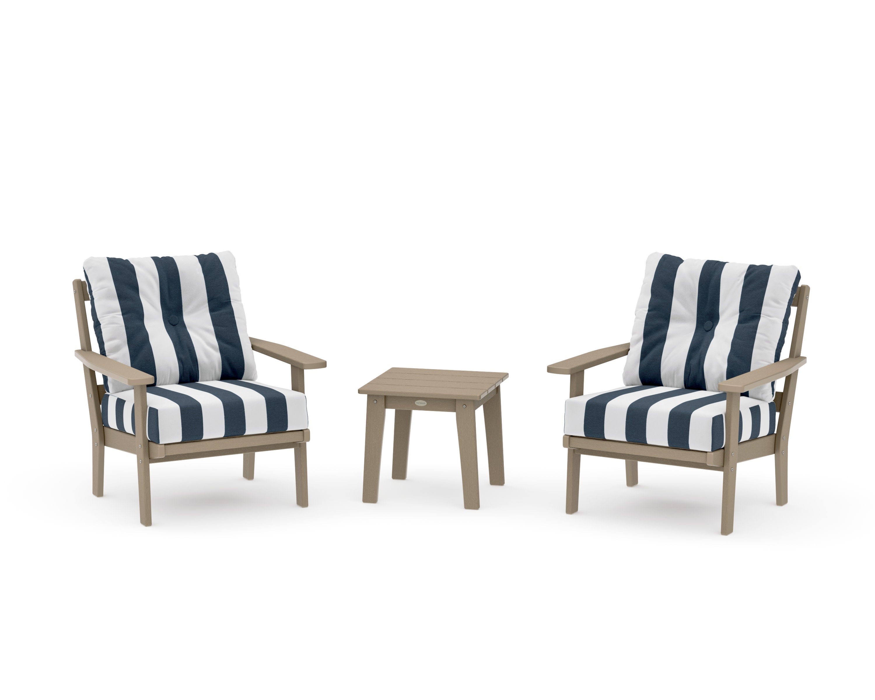 Prairie 3-Piece Deep Seating Set in Vintage Sahara / Cabana Stripe Marine Indigo
