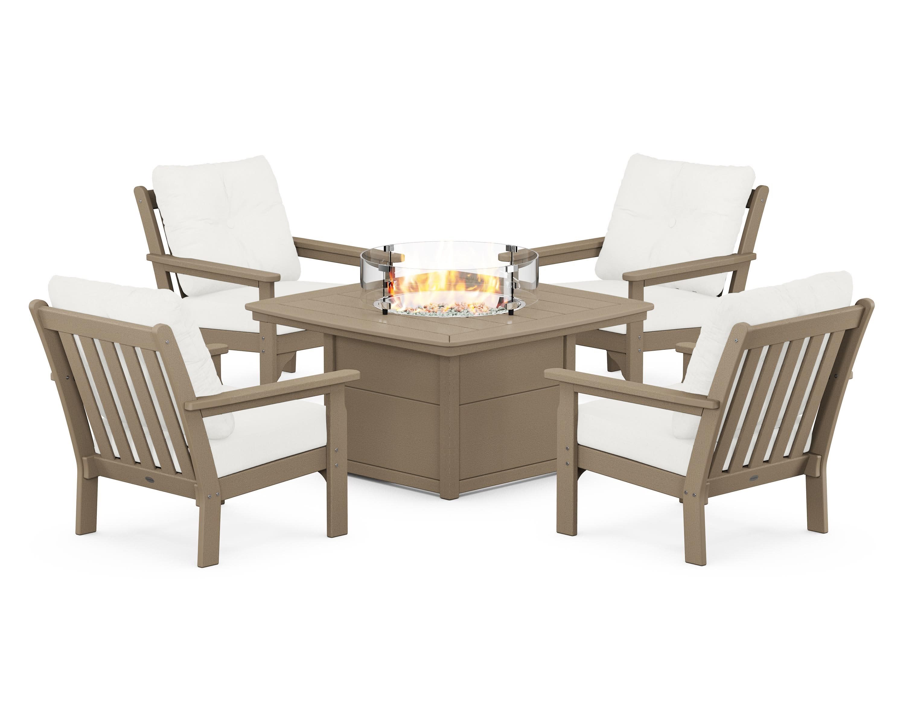 Vineyard 5-Piece Conversation Set with Fire Pit Table in Vintage Sahara / Natural Linen