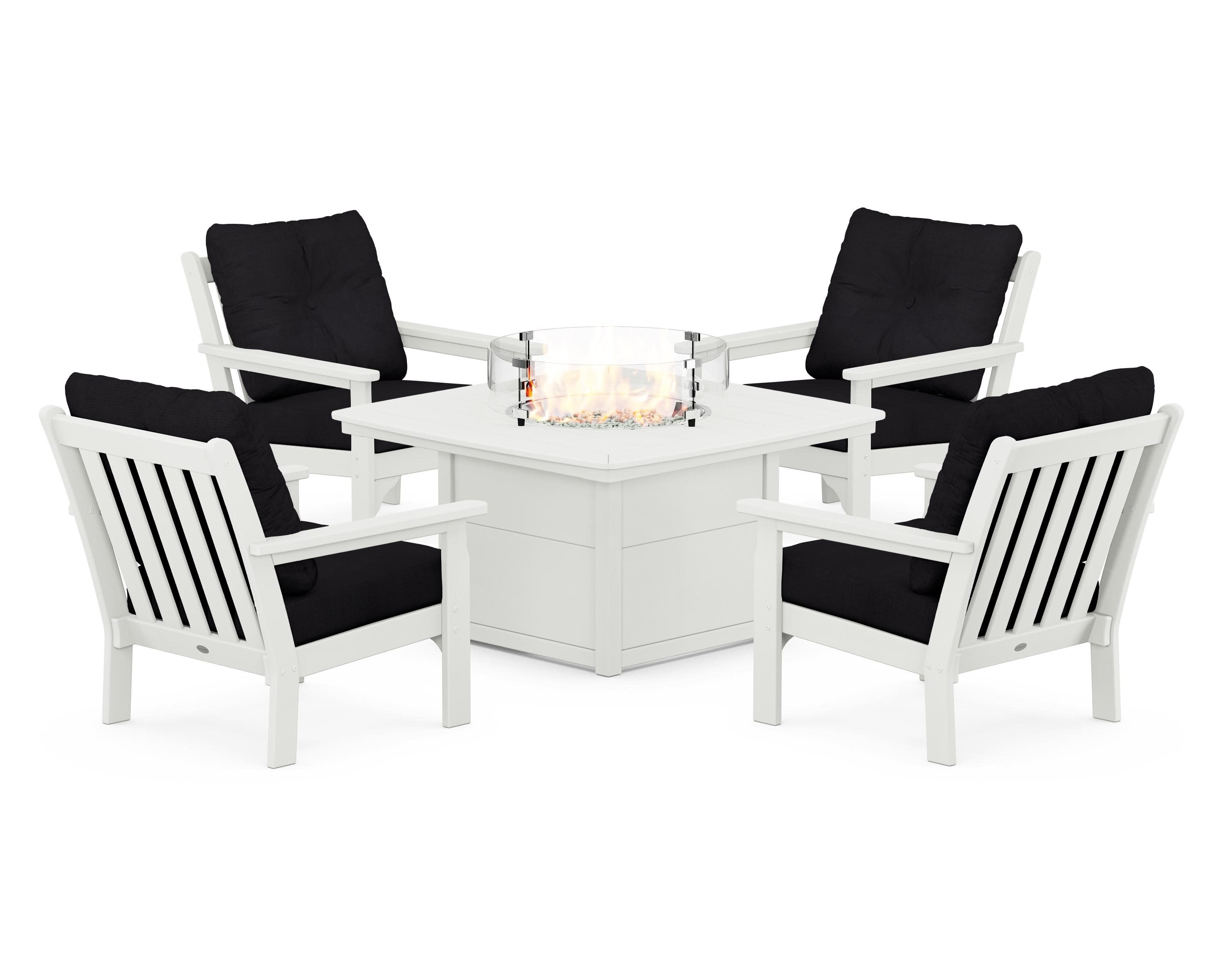 Vineyard 5-Piece Conversation Set with Fire Pit Table in Vintage White / Midnight Linen