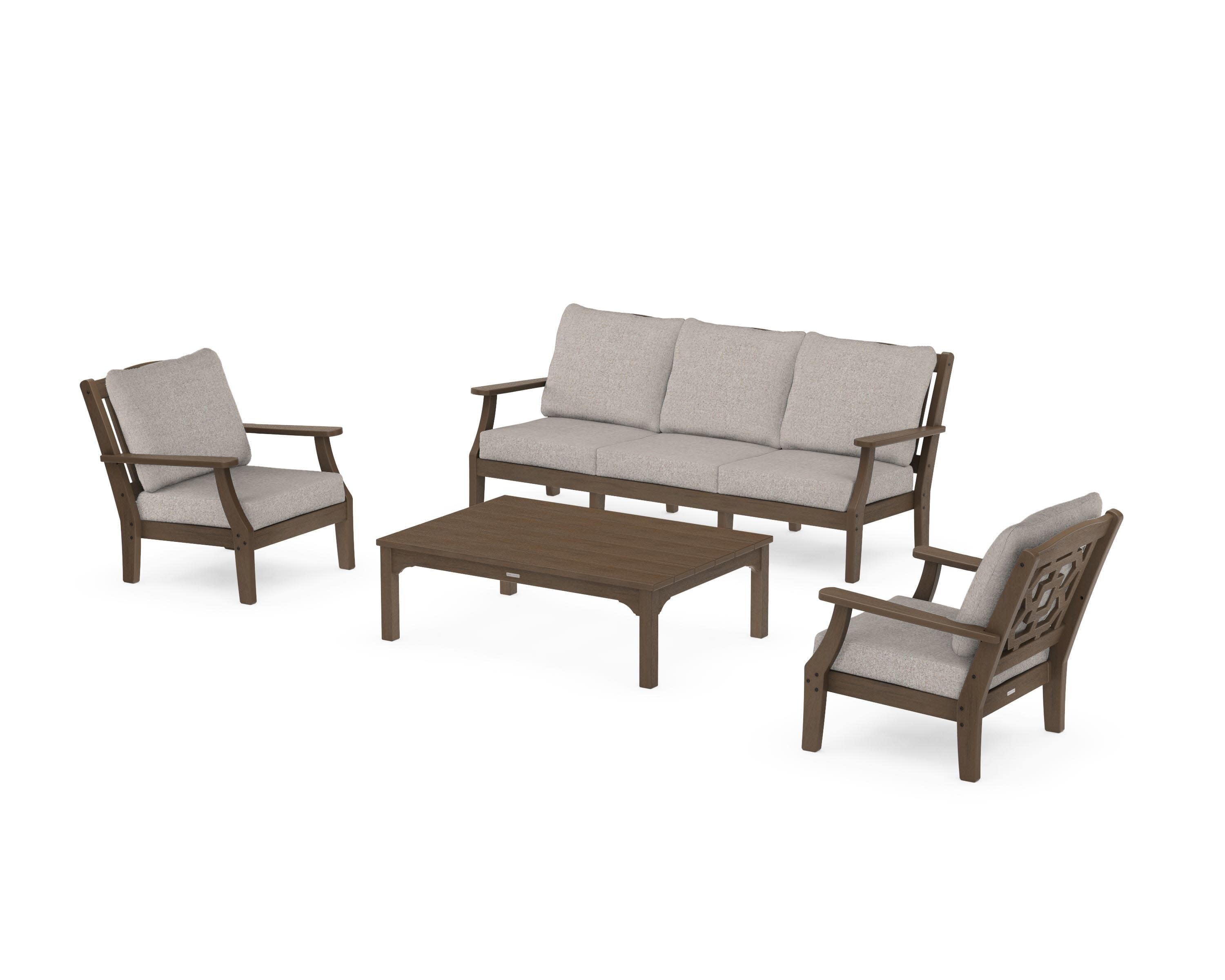 Chinoiserie 4-Piece Deep Seating Set with Sofa in Kona / Weathered Tweed