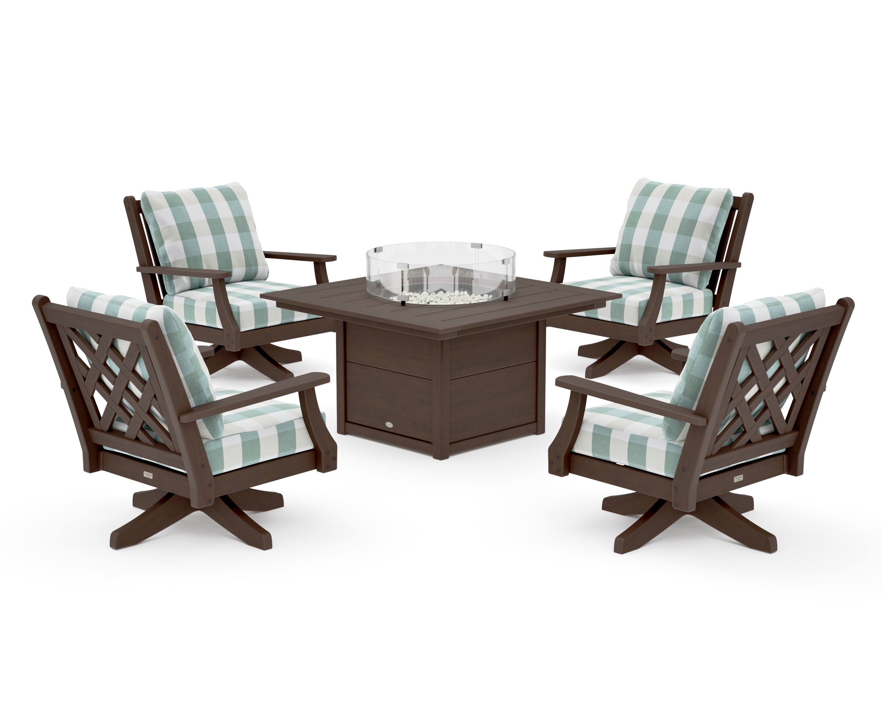Wovendale 5-Piece Deep Seating Swivel Conversation Set with Fire Pit Table in Kona / Buffalo Plaid Glacier Spa